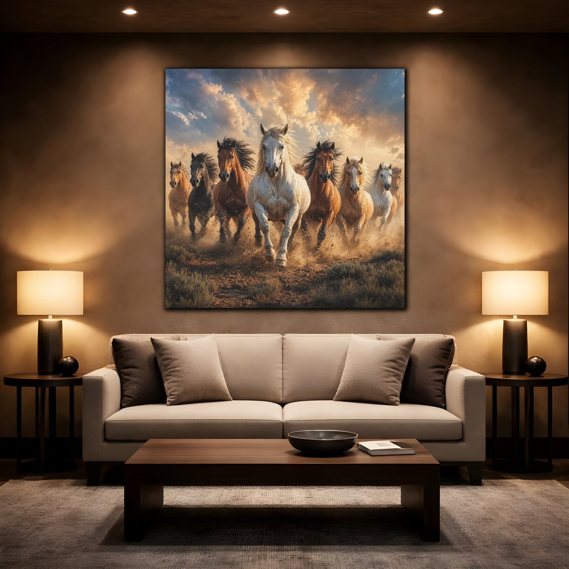 Mockup 2. Animals Wild Horses Brown And Gold Horses shown as stretched canvas wall art