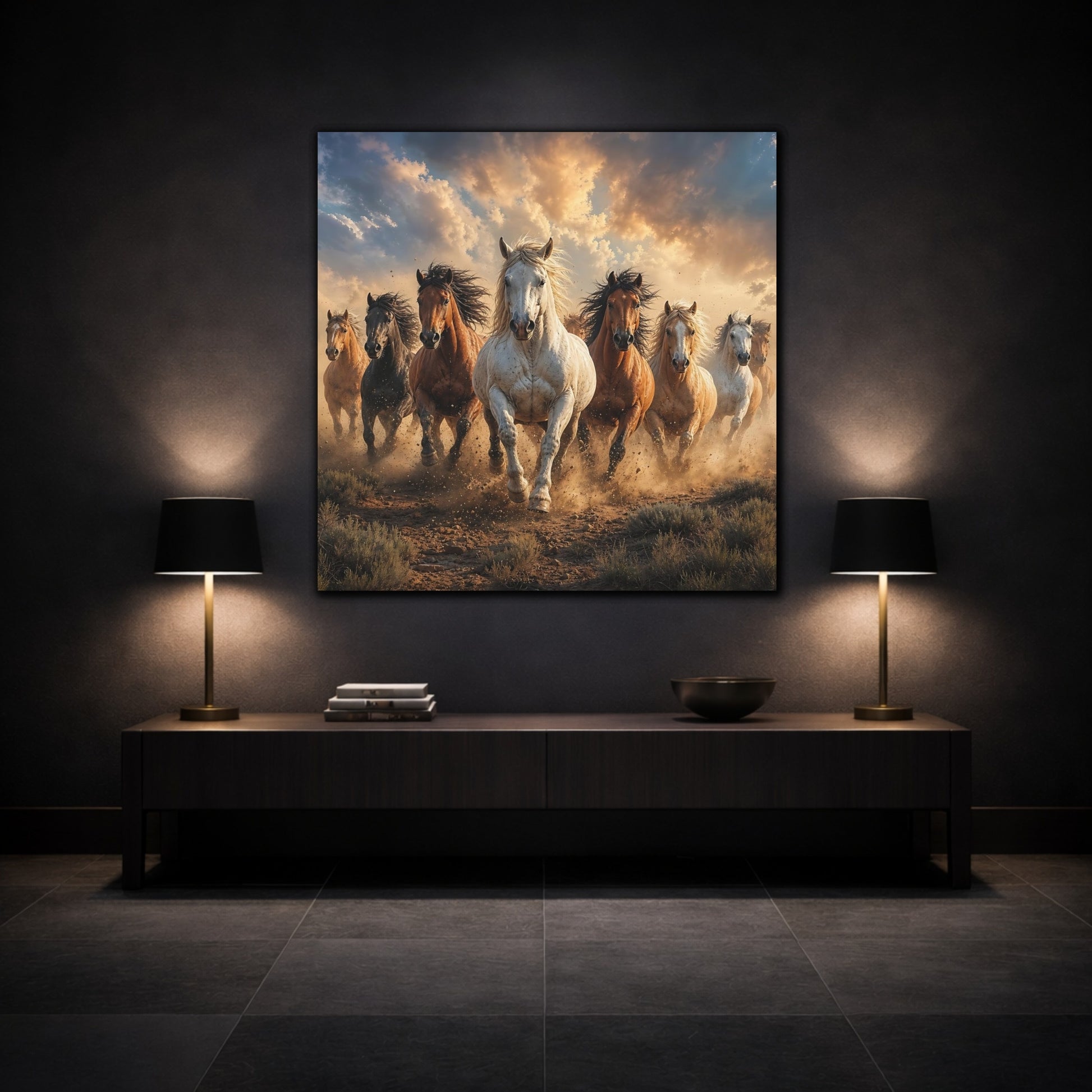 Mockup 3. Animals Wild Horses Brown And Gold Horses shown as stretched canvas wall art