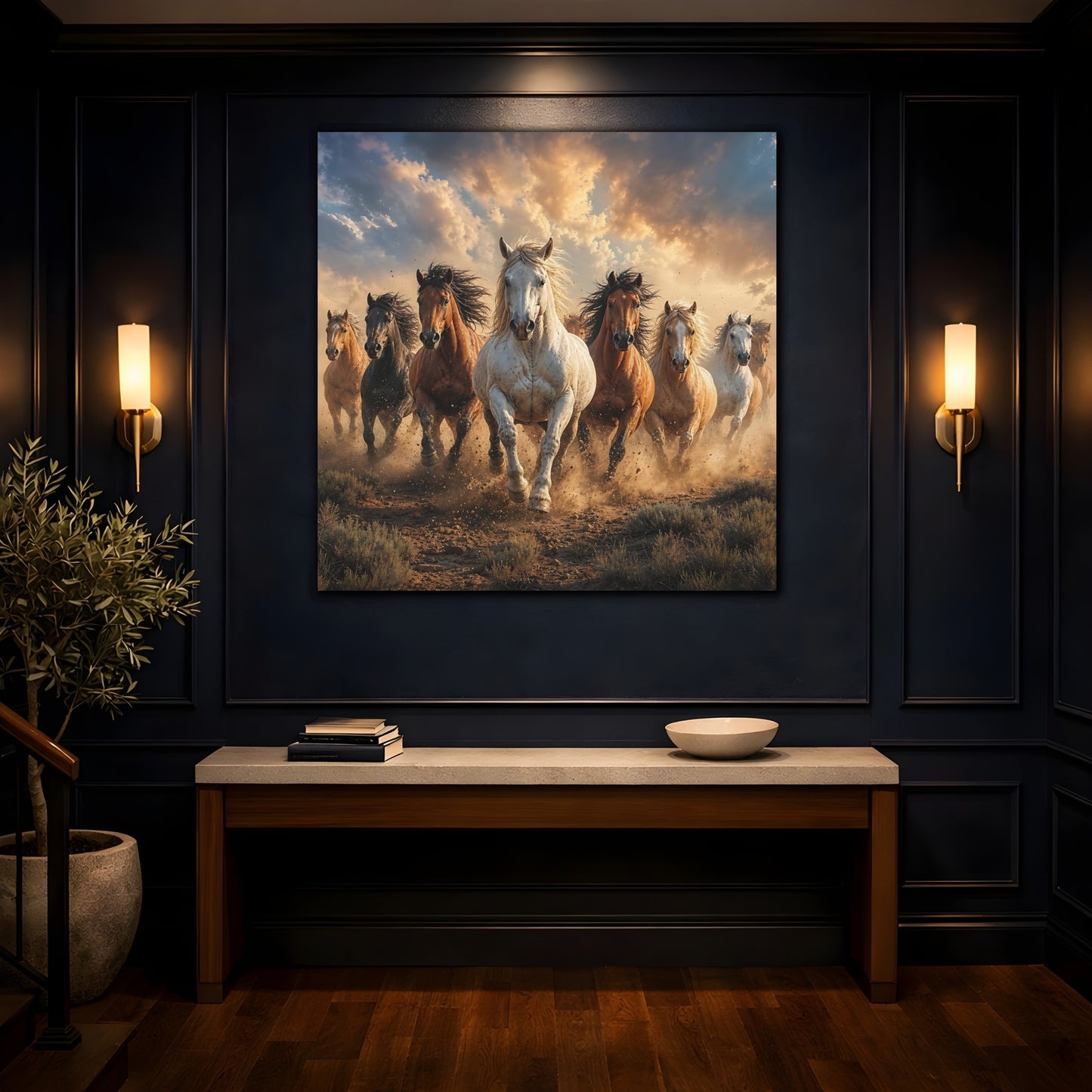 Mockup 4. Animals Wild Horses Brown And Gold Horses shown as stretched canvas wall art