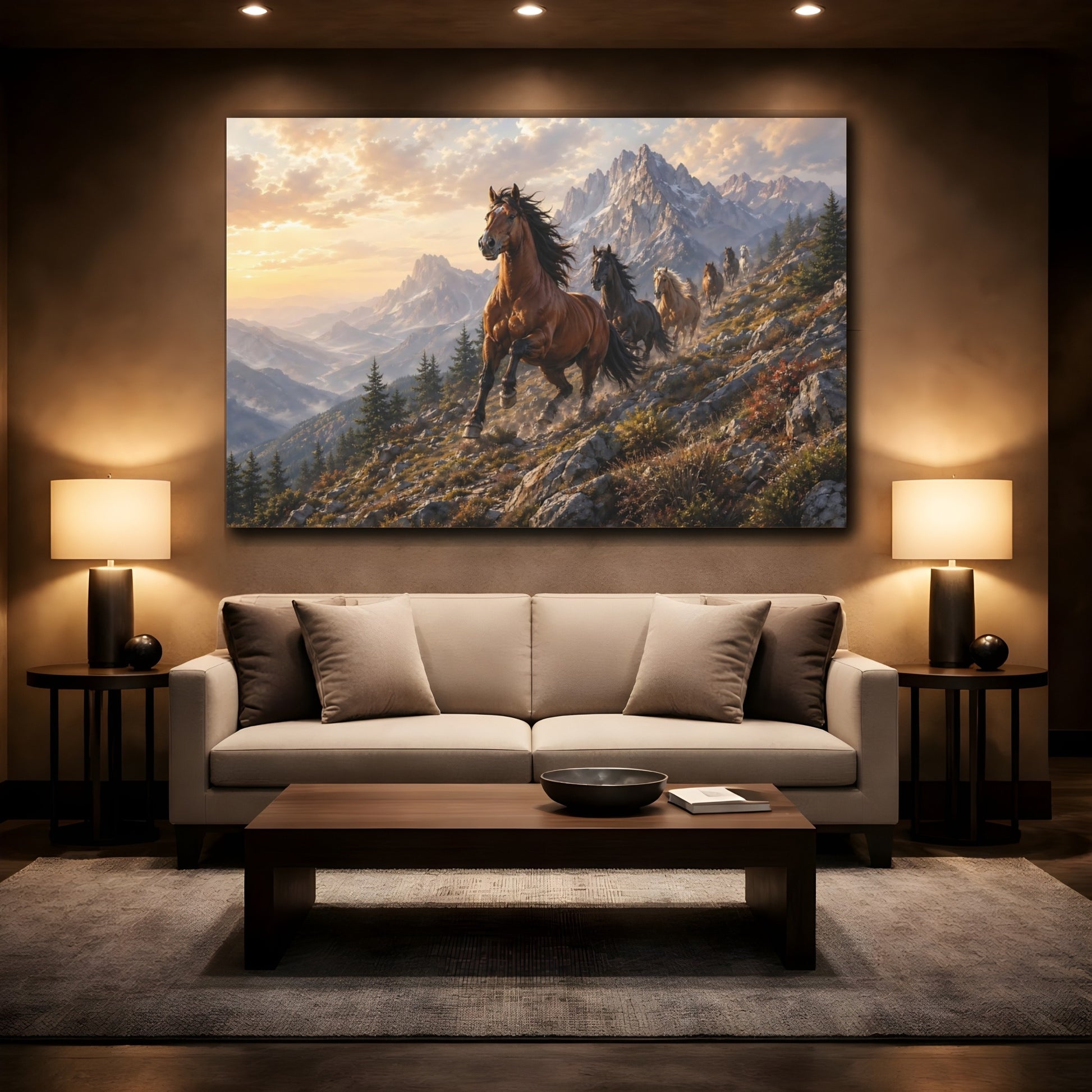 Mockup 2. Animals Wild Horses Brown And Gold shown as stretched canvas wall art