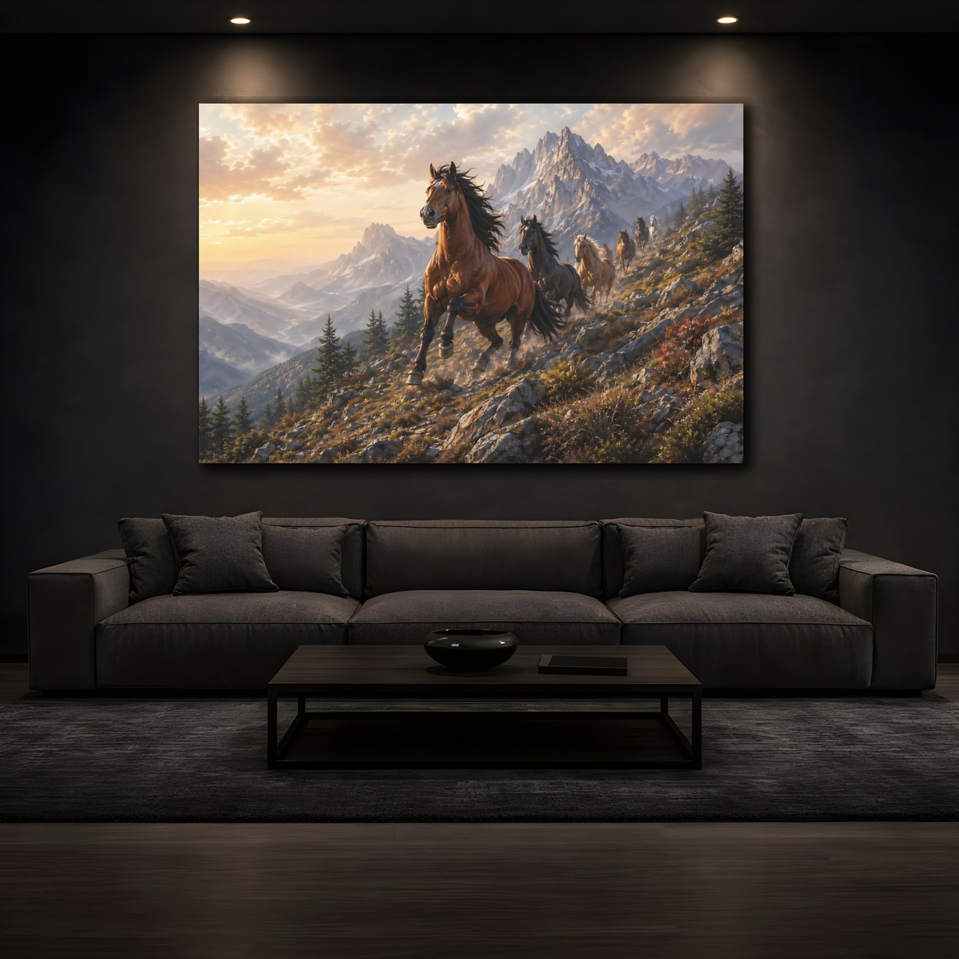 Mockup 3. Animals Wild Horses Brown And Gold shown as stretched canvas wall art