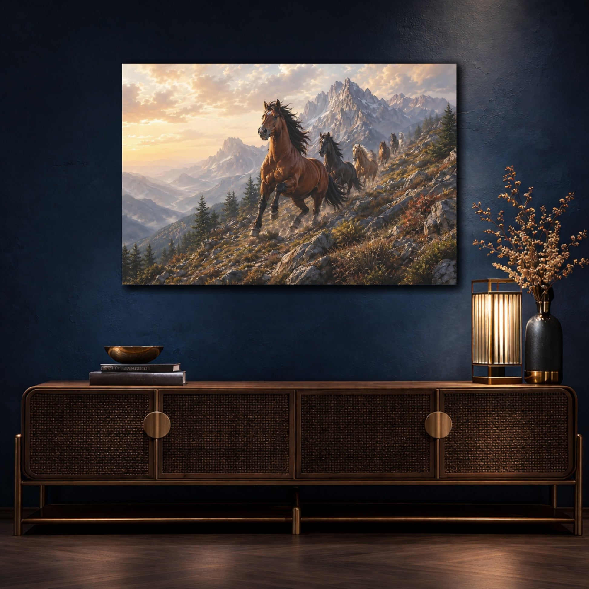 Mockup 4. Animals Wild Horses Brown And Gold shown as stretched canvas wall art