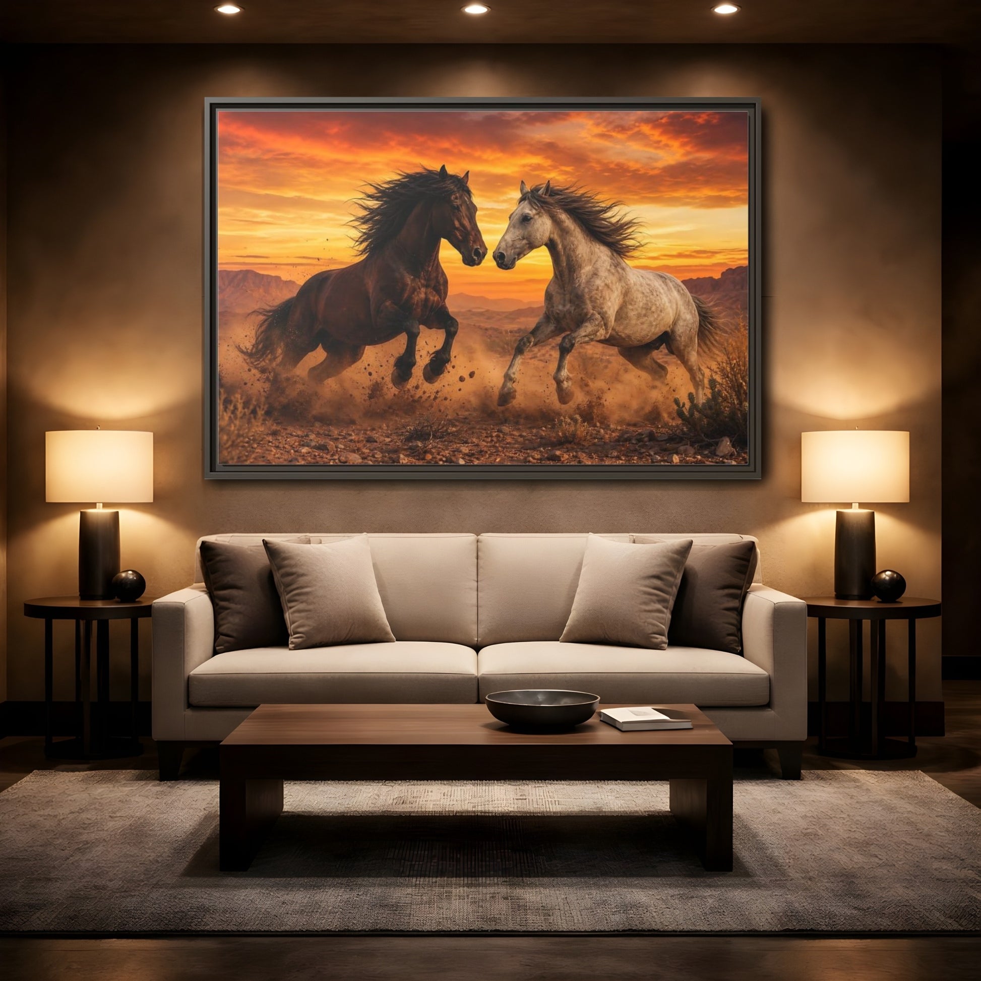 Mockup 2. Animals Wild Horses Horses Sunset shown as stretched canvas wall art