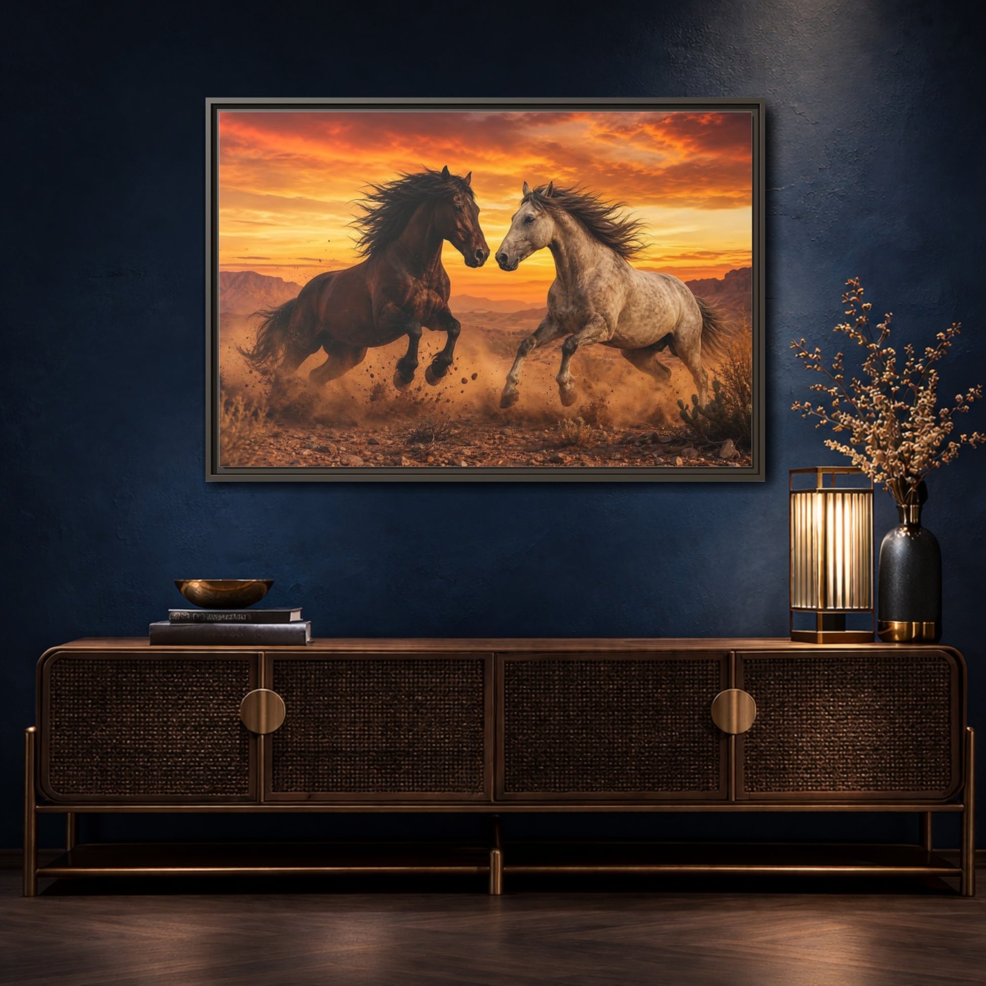 Mockup 4. Animals Wild Horses Horses Sunset shown as stretched canvas wall art