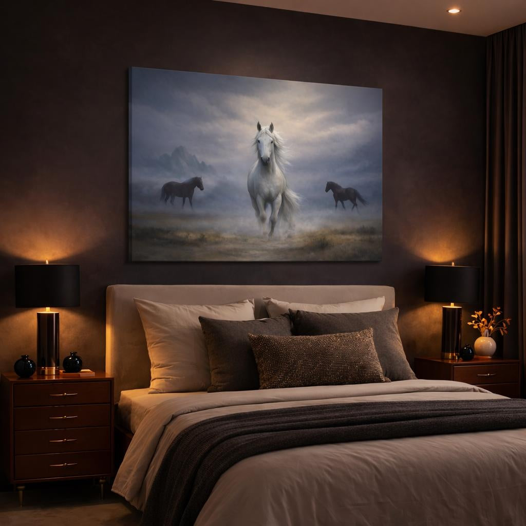 Animals Wild Horses Misty Wild Horses shown as canvas wall art in a luxury bedroom