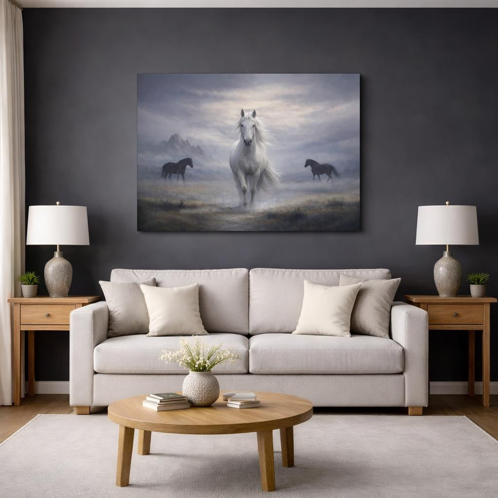 Animals Wild Horses Misty Wild Horses shown as canvas wall art in a modern living room