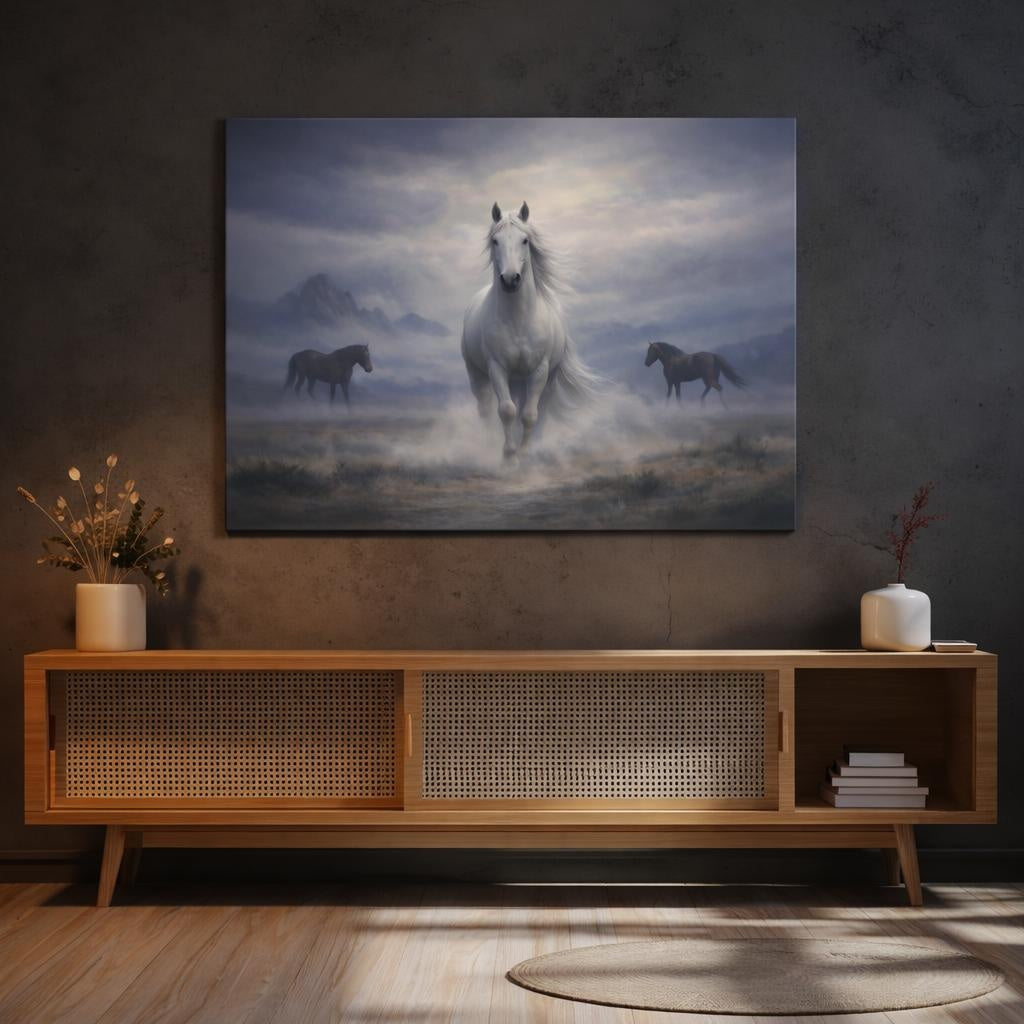 Animals Wild Horses Misty Wild Horses shown as canvas wall art in a sophisticated contemporary living space