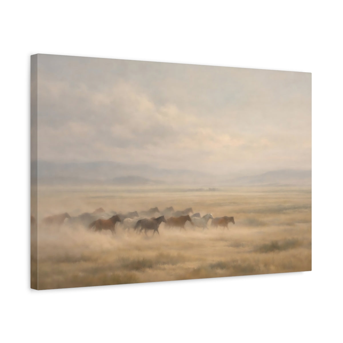 Side Mockup 3. Animals Wild Horses Running Horses Brown shown as stretched canvas wall art