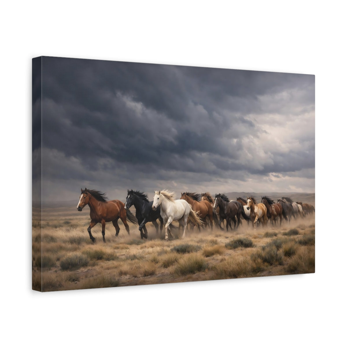 Side Mockup 4. Animals Wild Horses Running Wild Horses shown as stretched canvas wall art