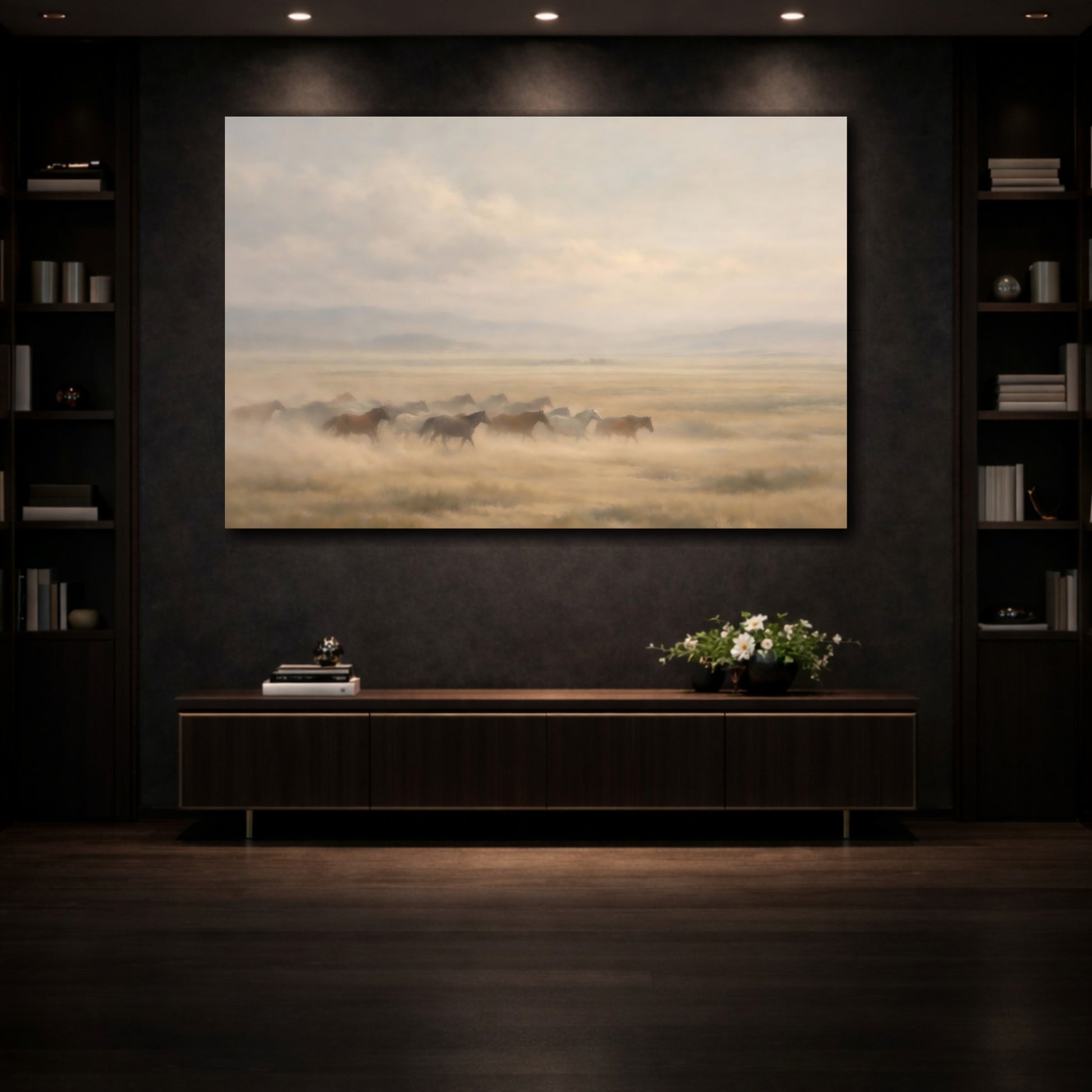 Mockup 4. Animals Wild Horses Running Horses Brown shown as stretched canvas wall art