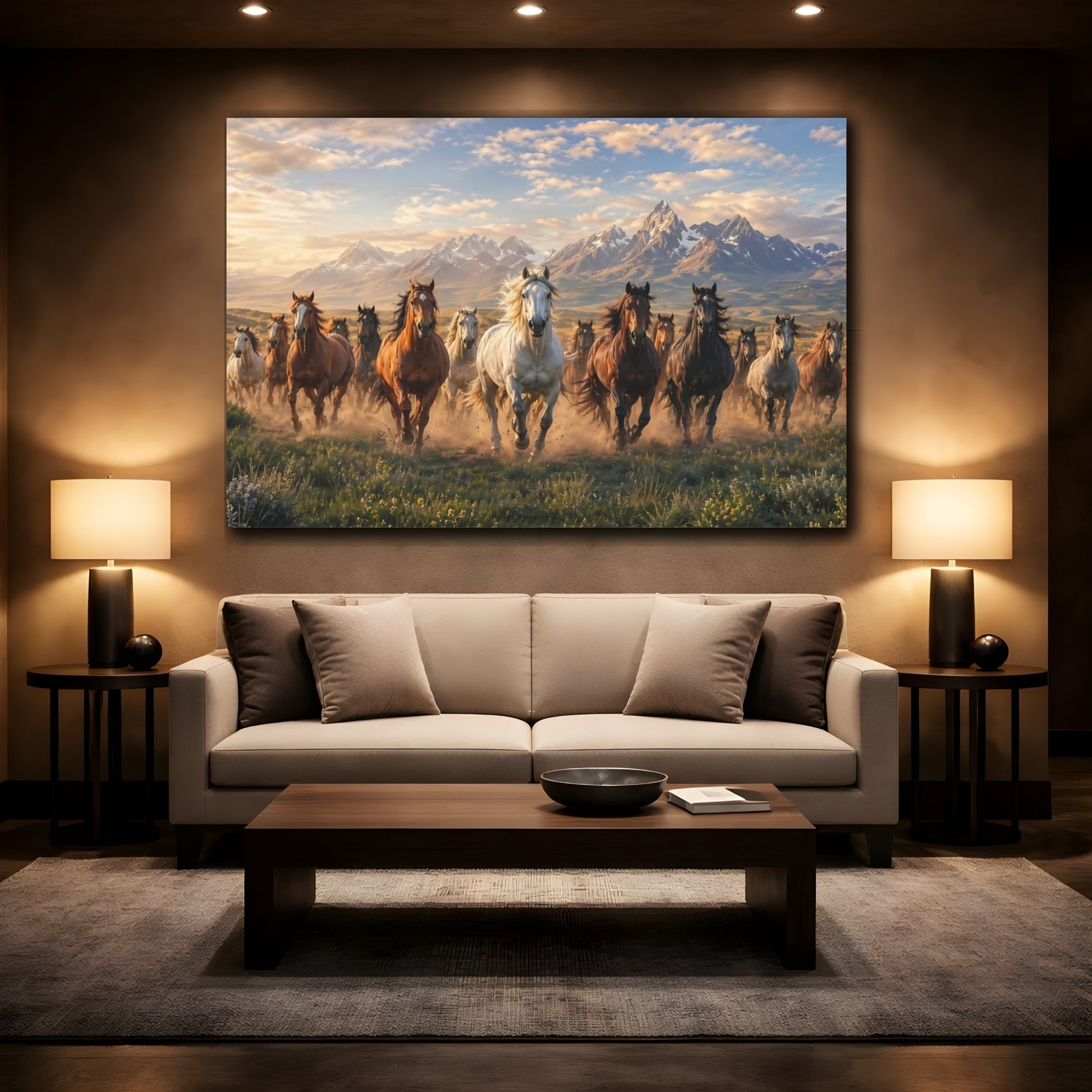 Mockup 2. Animals Wild Horses Running Horses shown as stretched canvas wall art