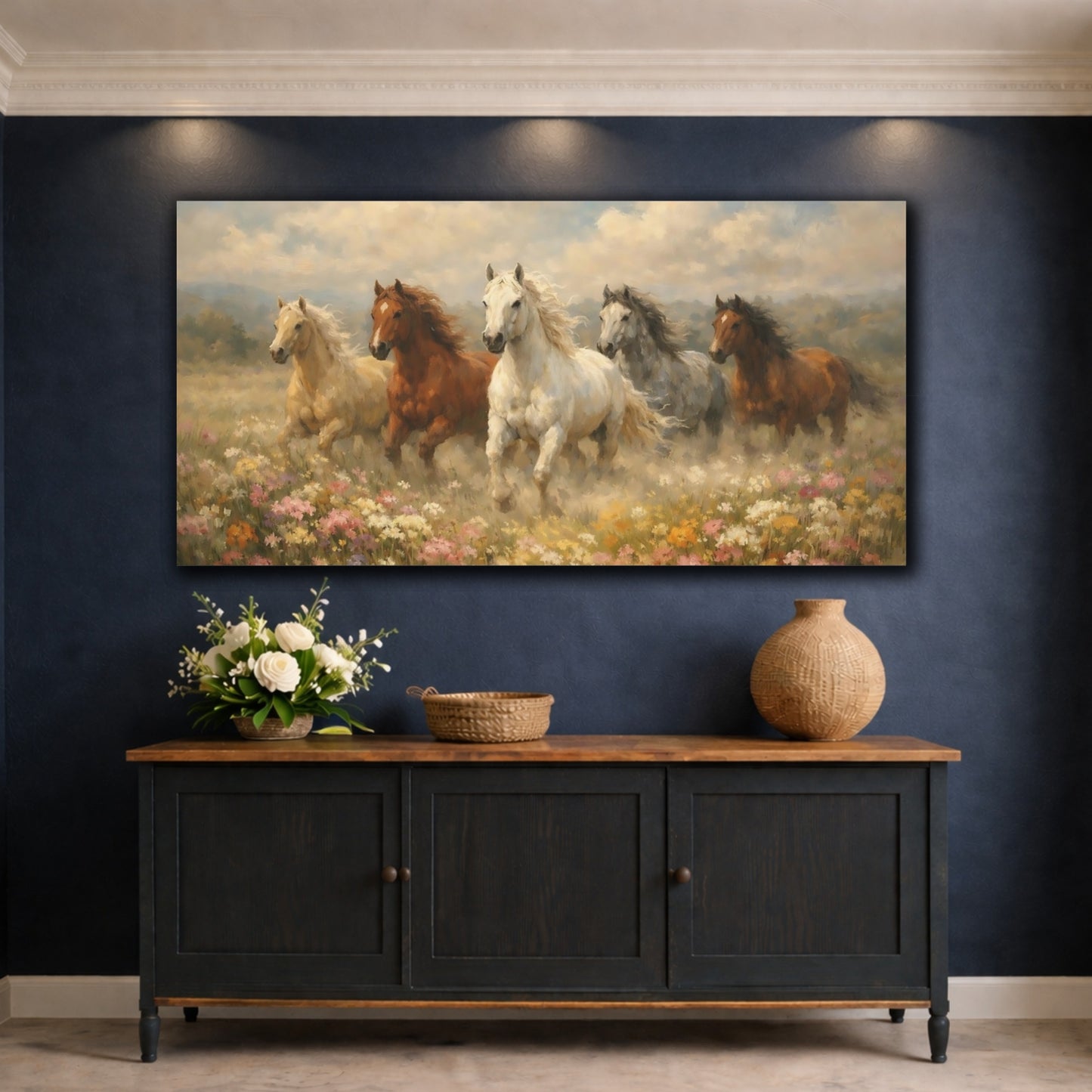 Mockup 4. Animals Wild Horses Wild Horses Field shown as stretched canvas wall art