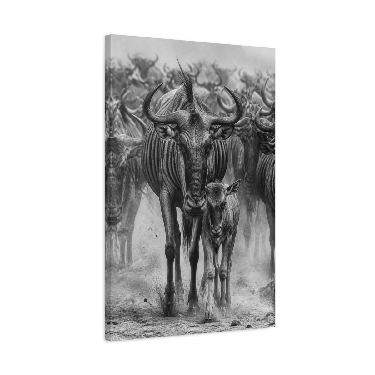 Side Mockup 2. Animals Wildebeest Mother And Calf shown as canvas print