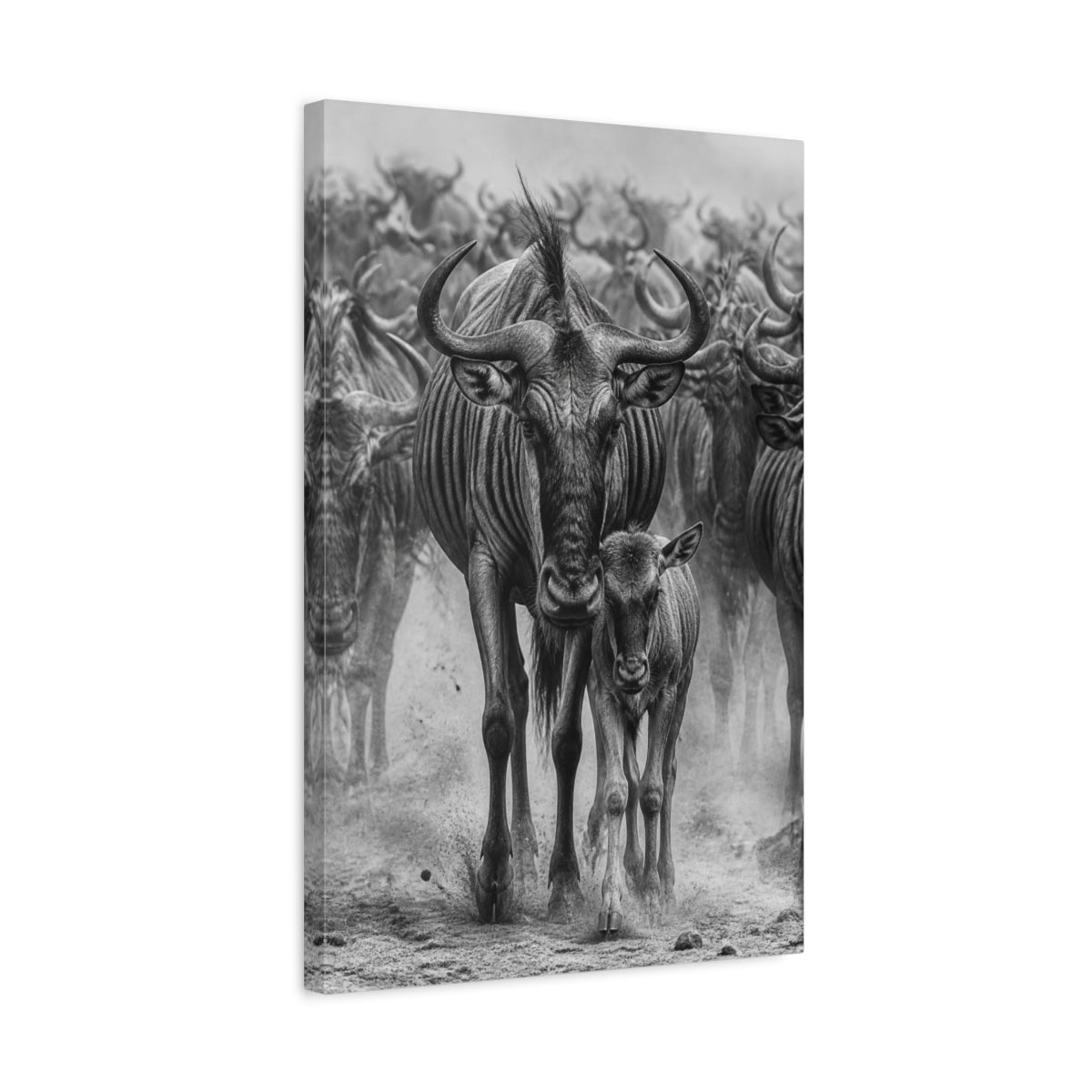 Side Mockup 3. Animals Wildebeest Mother And Calf shown as canvas print