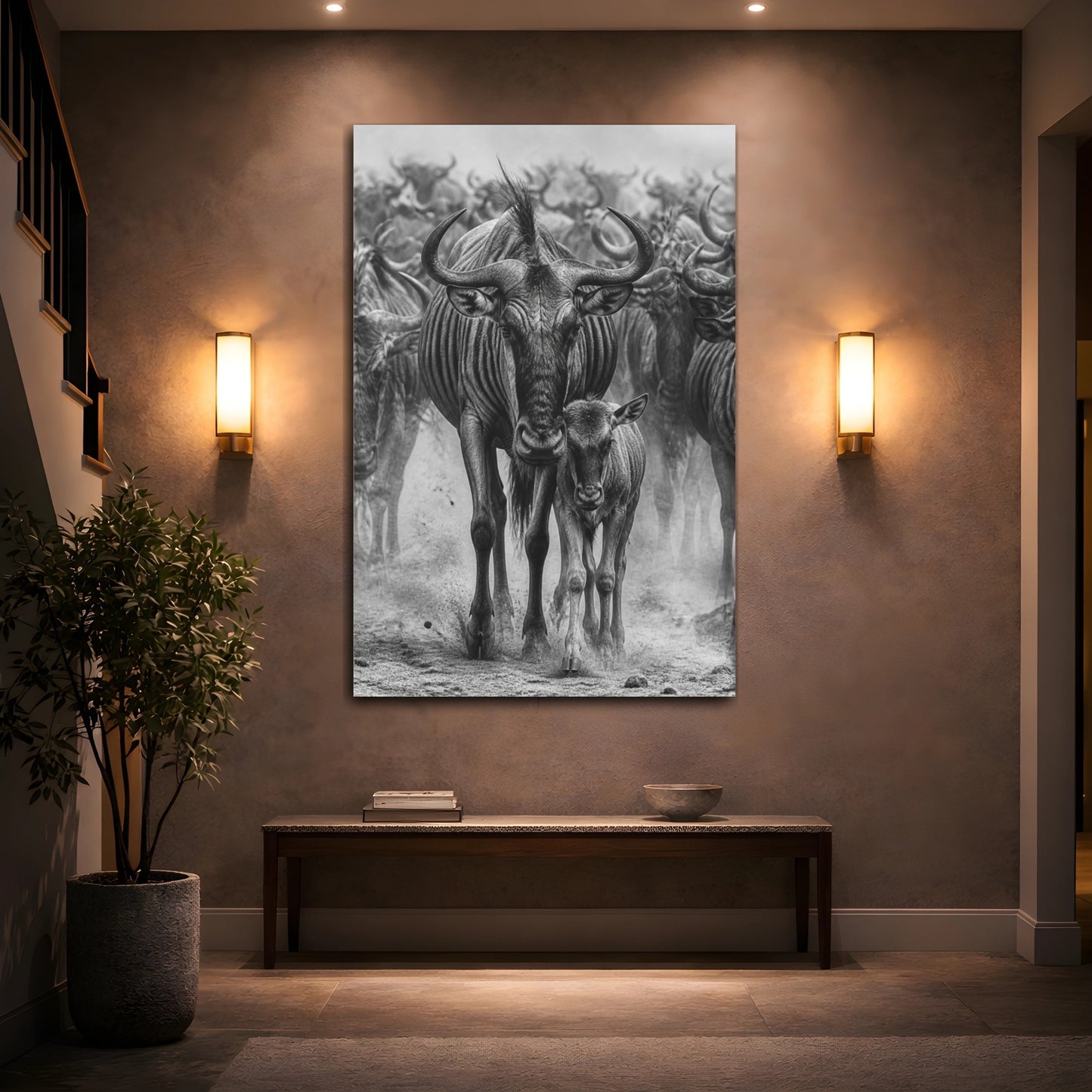 Mockup 2. Animals Wildebeest Mother And Calf shown as canvas print