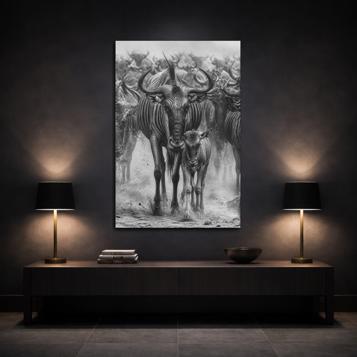 Mockup 3. Animals Wildebeest Mother And Calf shown as canvas print