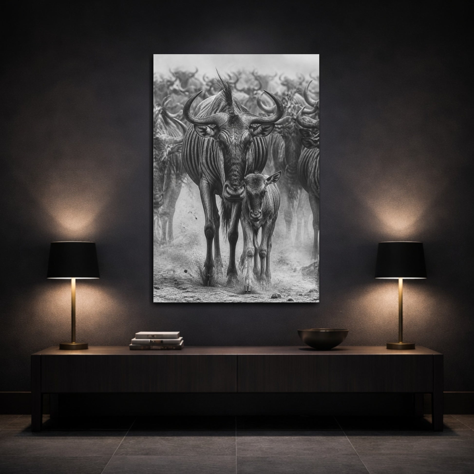 Mockup 3. Animals Wildebeest Mother And Calf shown as canvas print