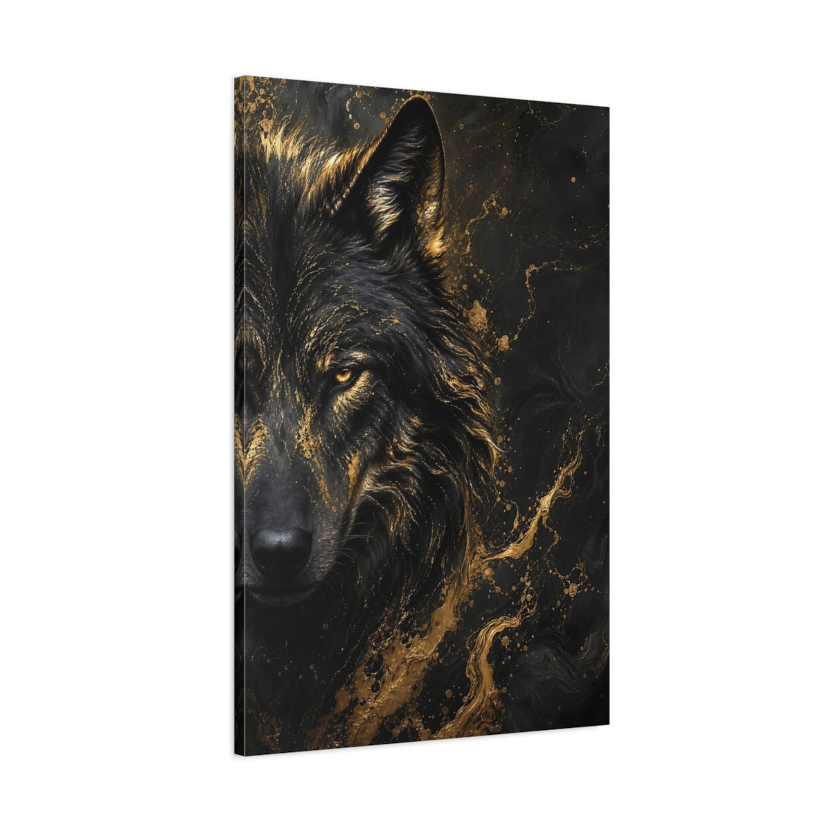 Main Mockup. Animals Wolf Black And Gold shown as stretched canvas wall art