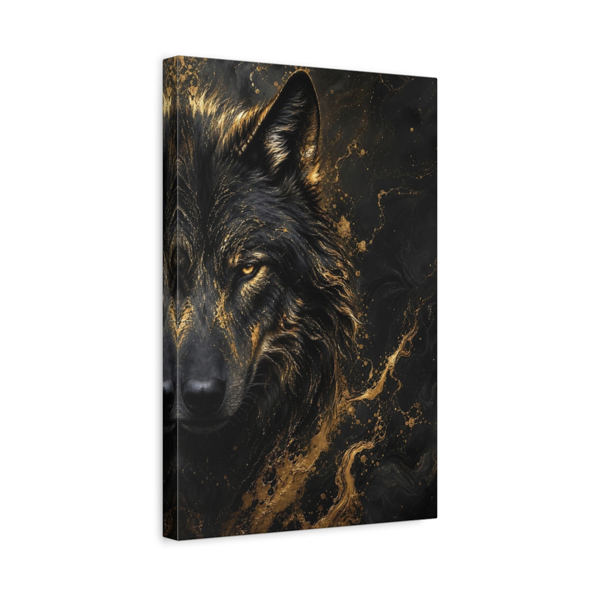 Side Mockup 4. Animals Wolf Black And Gold shown as stretched canvas wall art