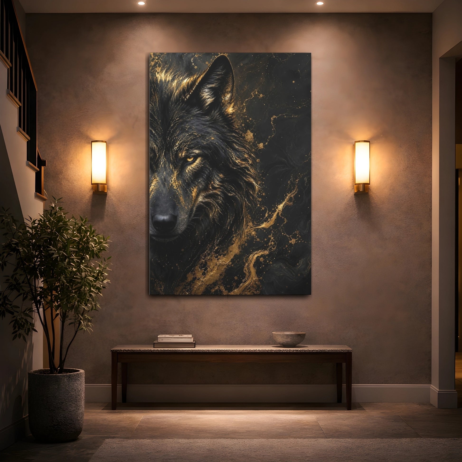Mockup 2. Animals Wolf Black And Gold shown as stretched canvas wall art