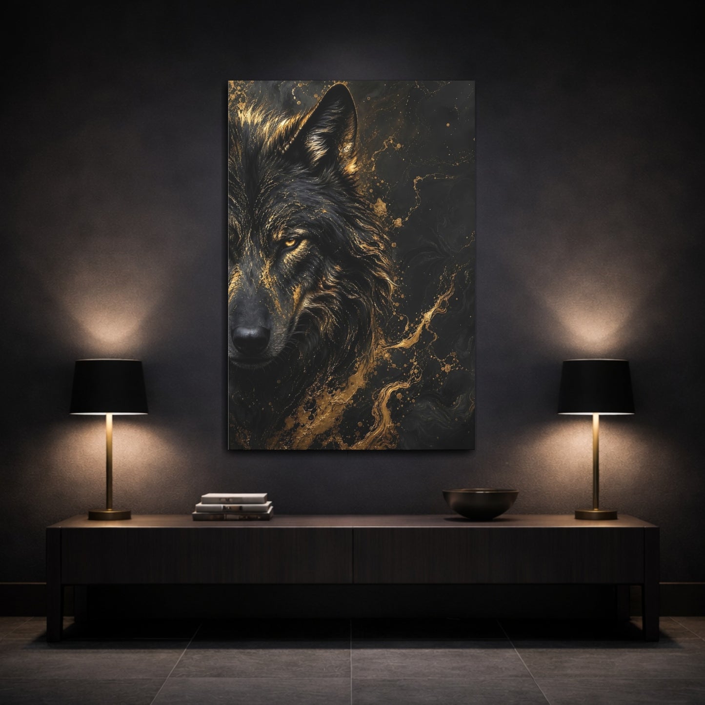 Mockup 3. Animals Wolf Black And Gold shown as stretched canvas wall art