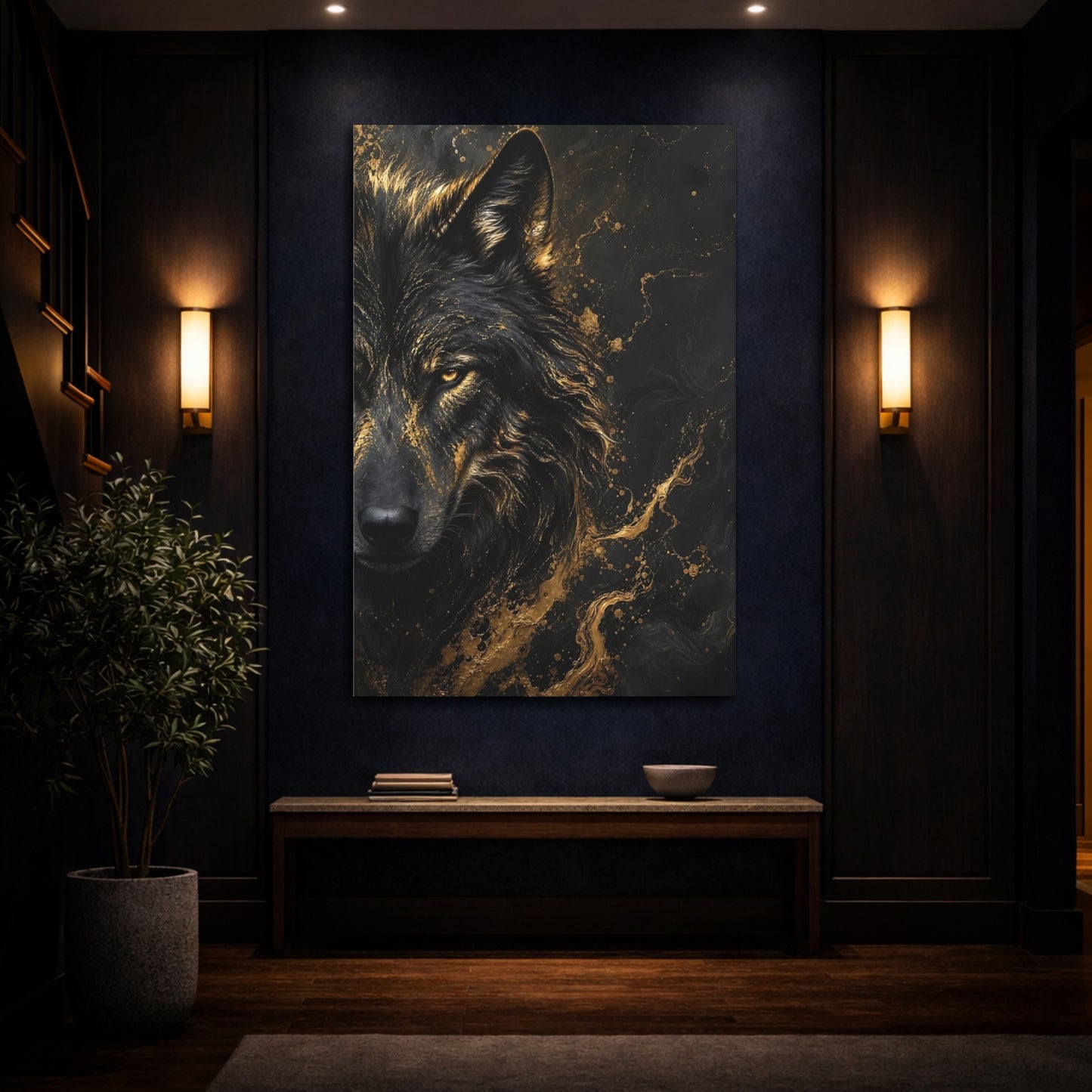 Mockup 4. Animals Wolf Black And Gold shown as stretched canvas wall art