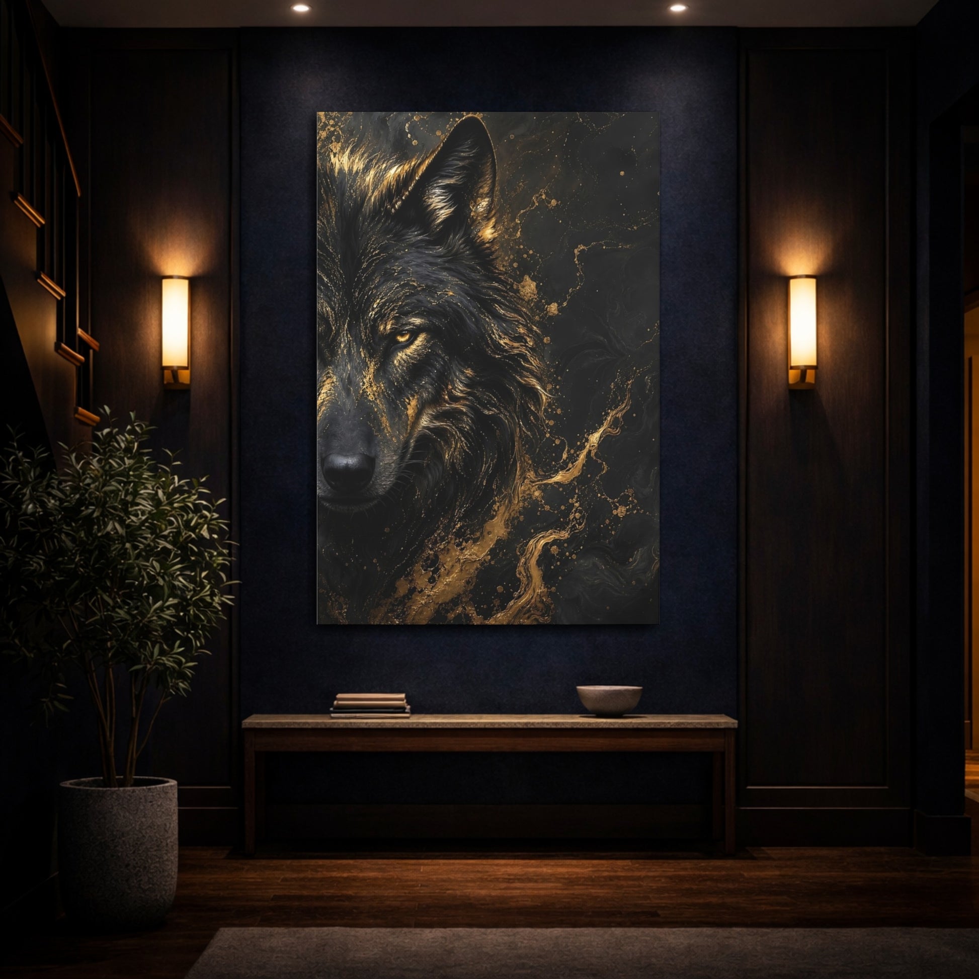 Mockup 4. Animals Wolf Black And Gold shown as stretched canvas wall art