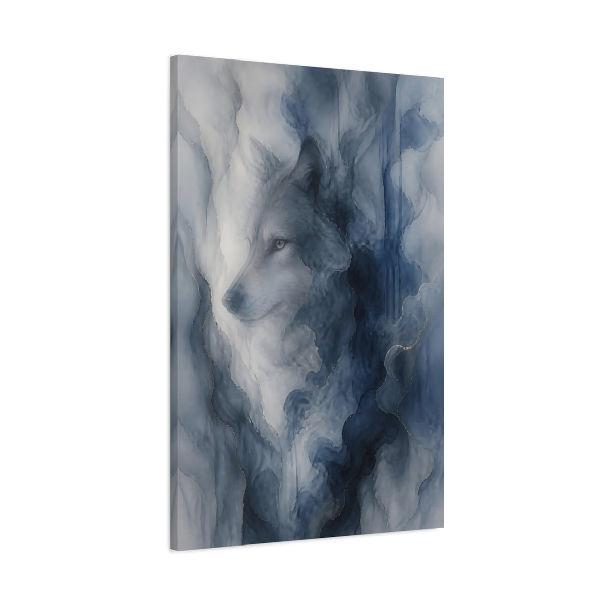 Main Mockup. Animals Wolf Blue And Gold shown as stretched canvas wall art