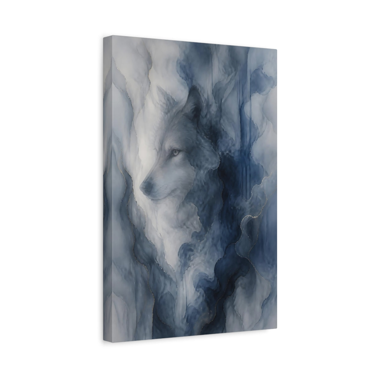 Side Mockup 4. Animals Wolf Blue And Gold shown as stretched canvas wall art