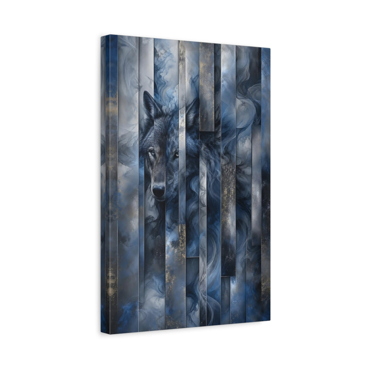 Side Mockup 4. Animals Wolf Blue And Gold Wolf shown as stretched canvas wall art