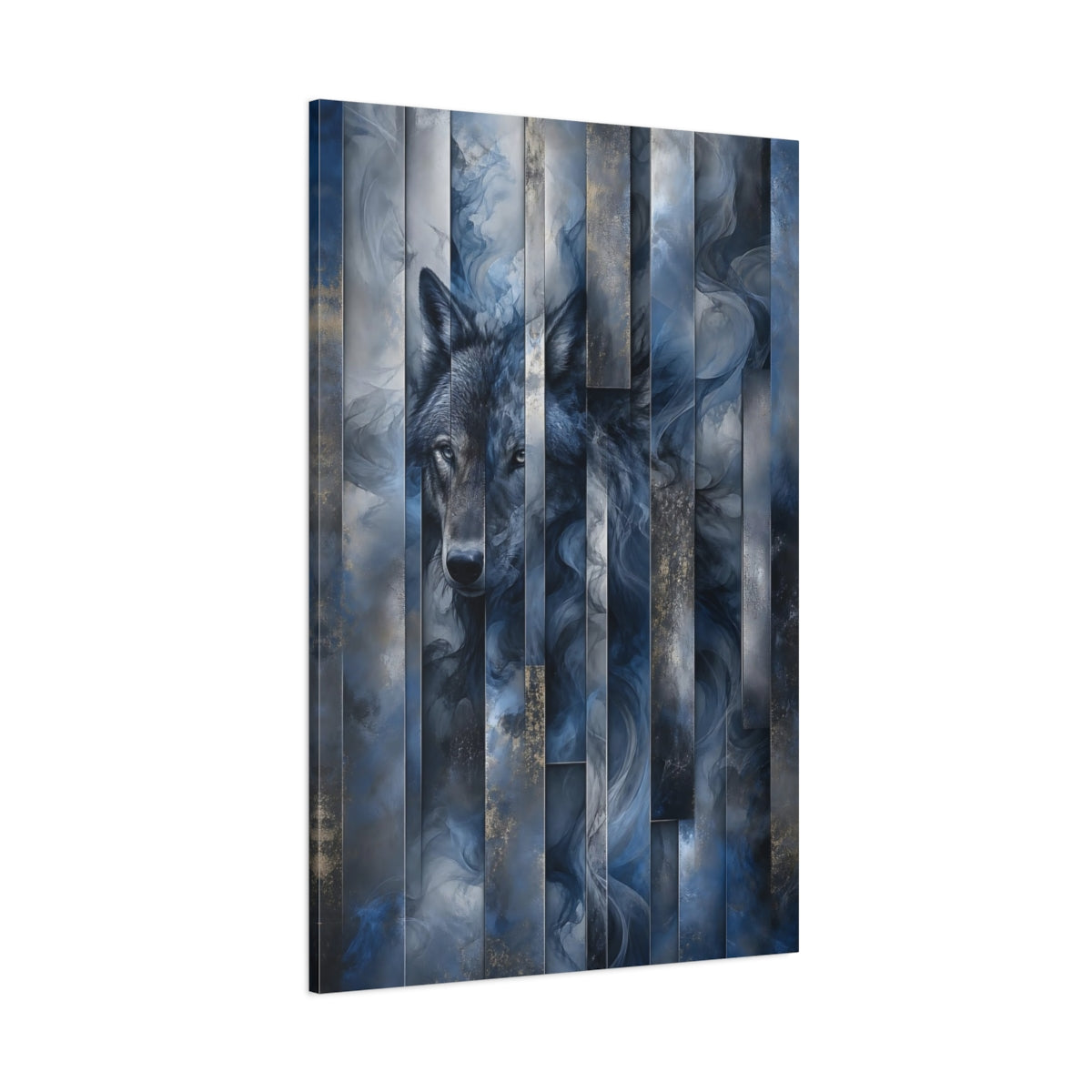 Side Mockup 1. Animals Wolf Blue And Gold Wolf shown as stretched canvas wall art