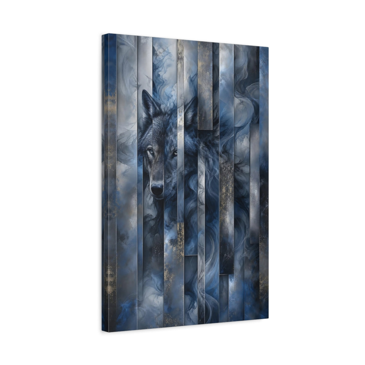 Side Mockup 3. Animals Wolf Blue And Gold Wolf shown as stretched canvas wall art