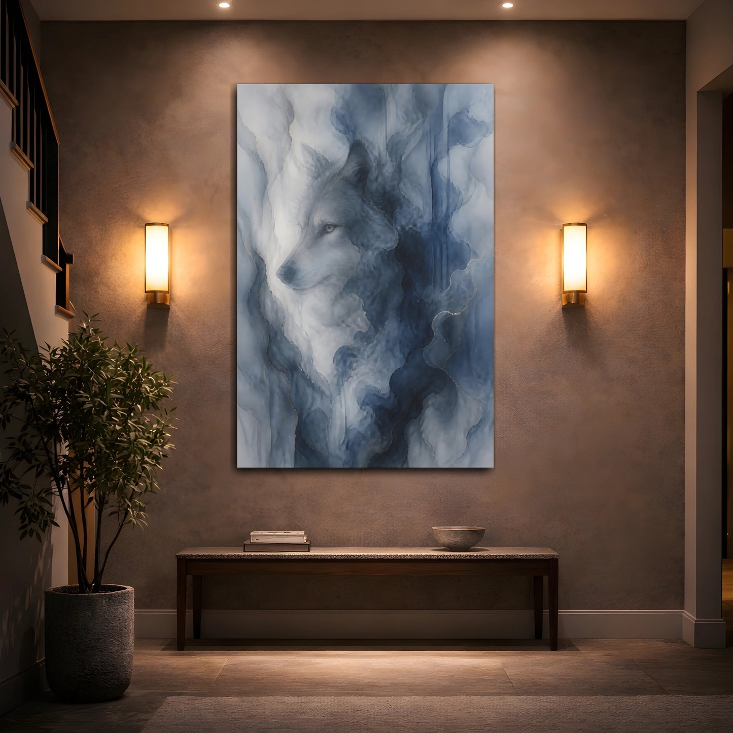 Mockup 2. Animals Wolf Blue And Gold shown as stretched canvas wall art