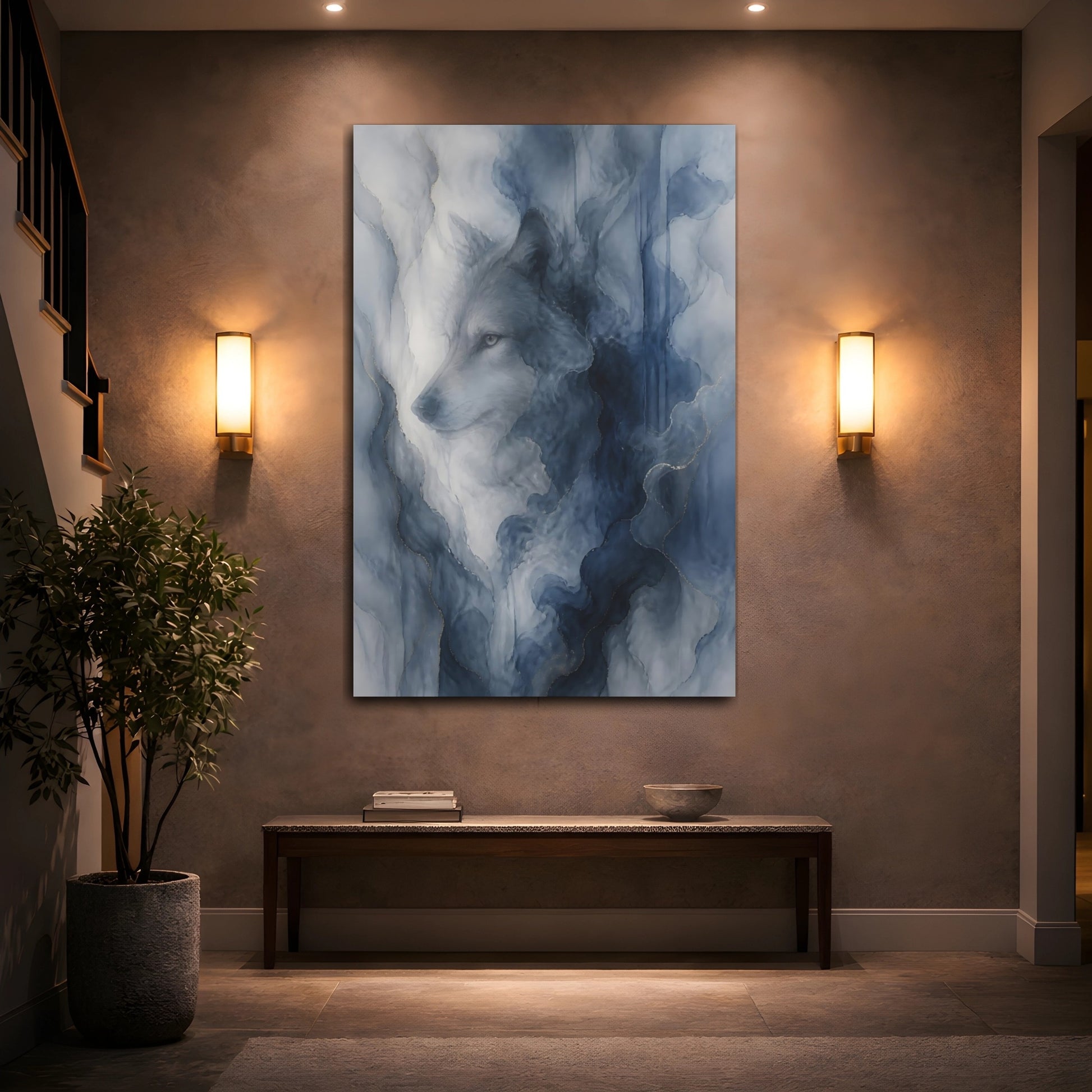 Mockup 2. Animals Wolf Blue And Gold shown as stretched canvas wall art