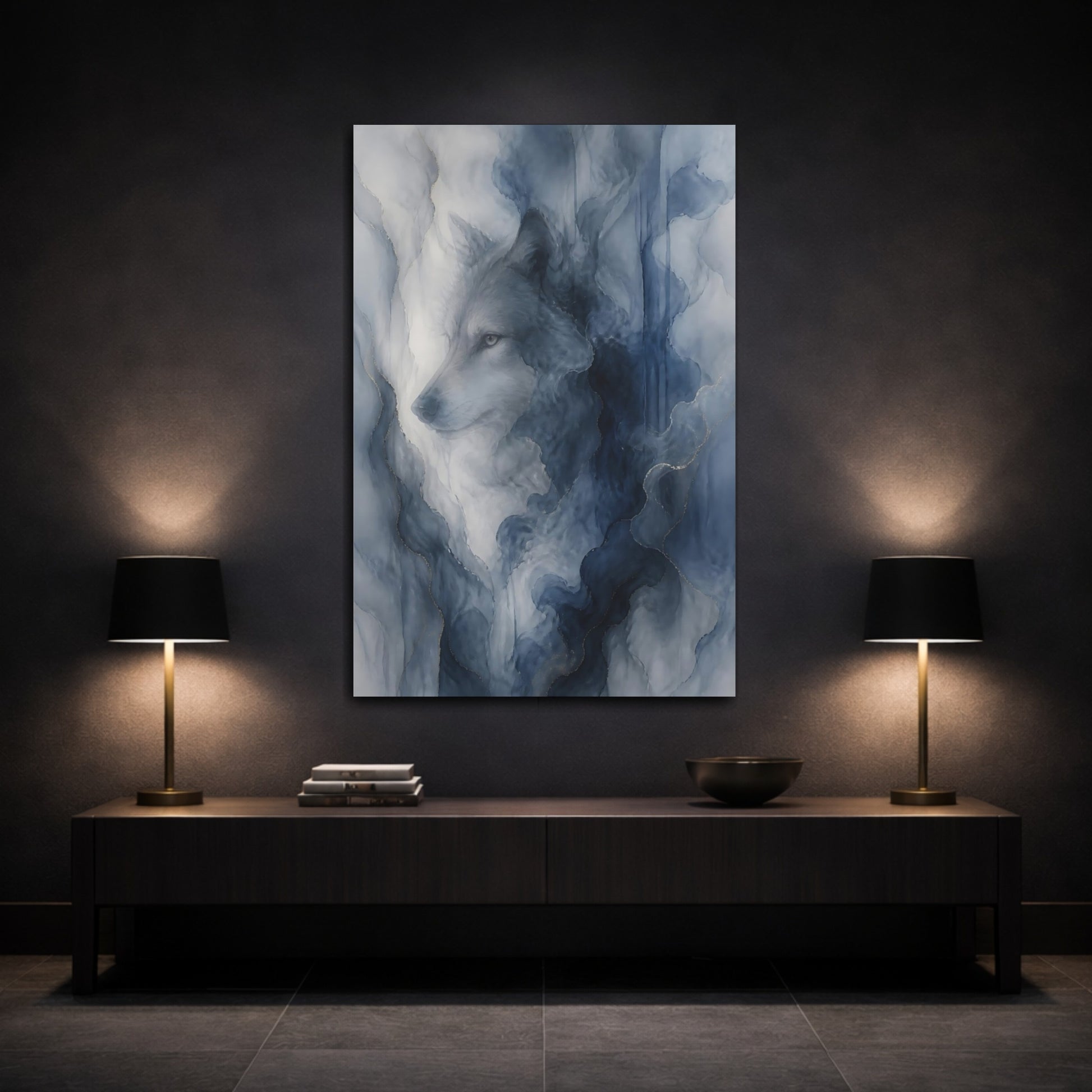 Mockup 3. Animals Wolf Blue And Gold shown as stretched canvas wall art