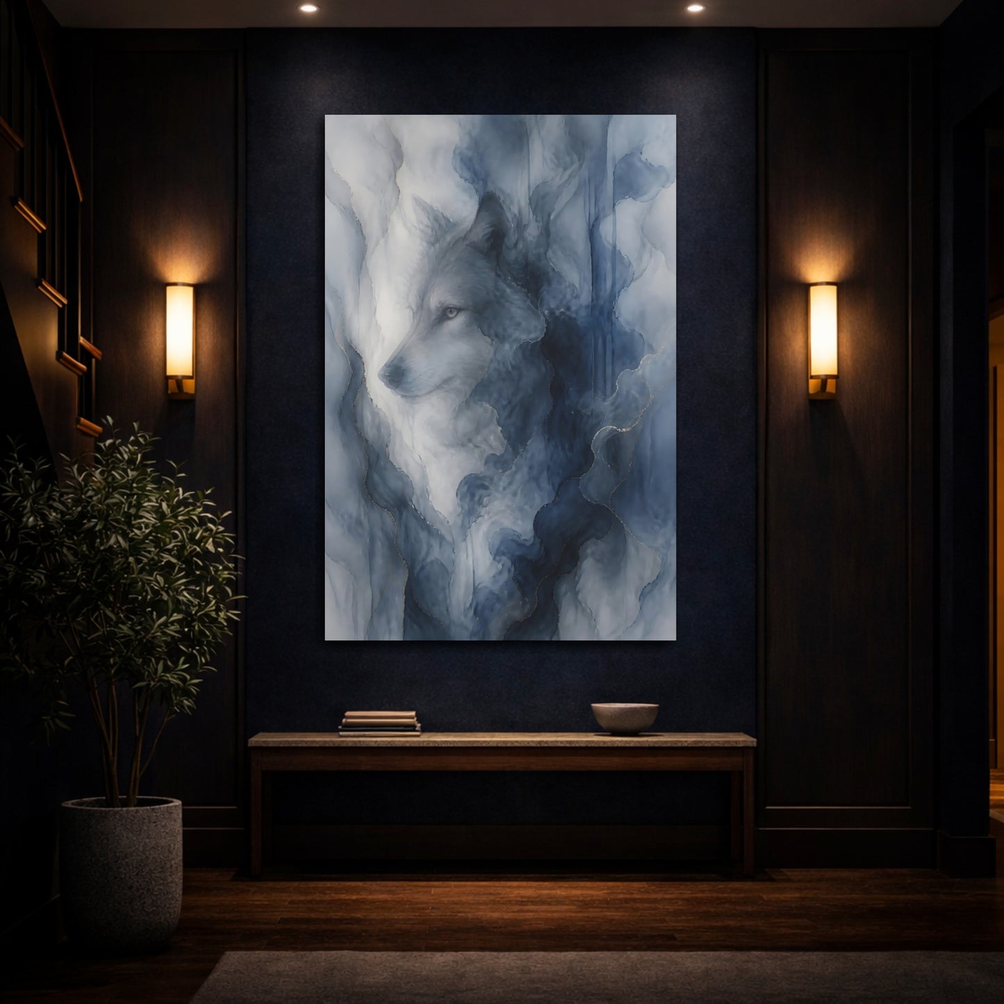 Mockup 4. Animals Wolf Blue And Gold shown as stretched canvas wall art