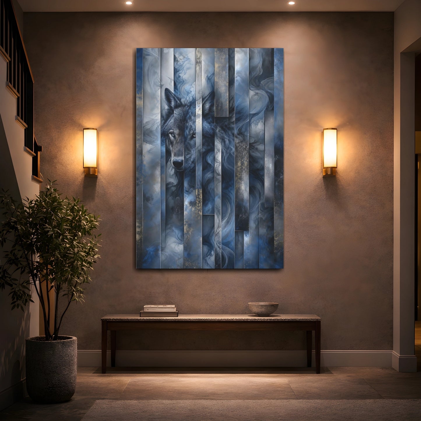 Mockup 2. Animals Wolf Blue And Gold Wolf shown as stretched canvas wall art