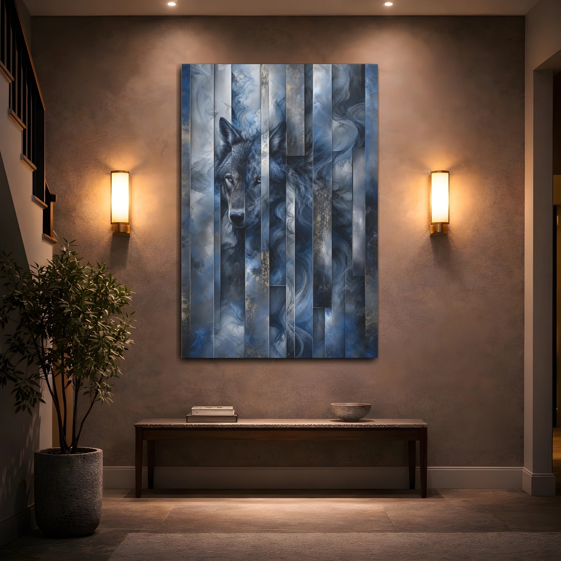 Mockup 2. Animals Wolf Blue And Gold Wolf shown as stretched canvas wall art