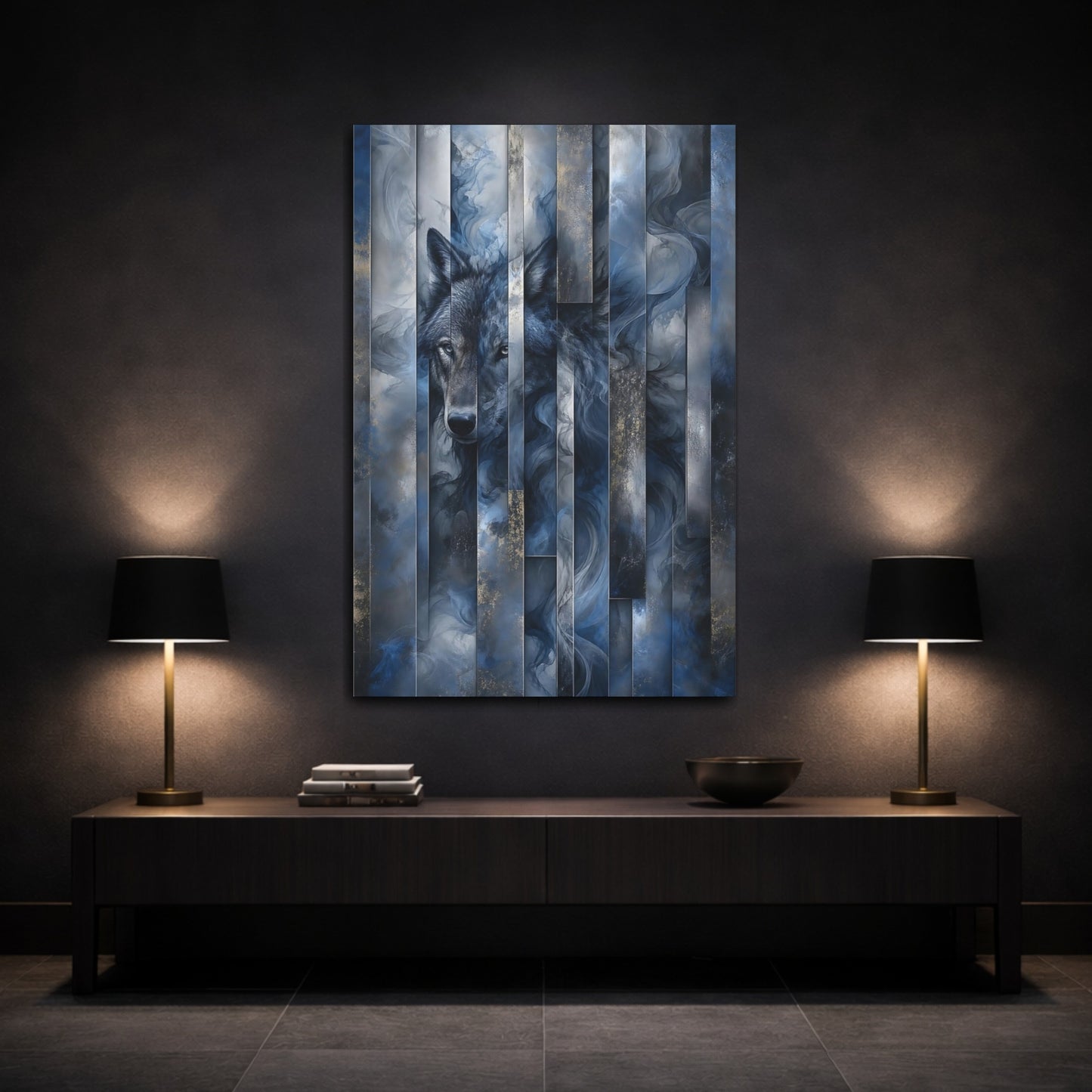 Mockup 3. Animals Wolf Blue And Gold Wolf shown as stretched canvas wall art