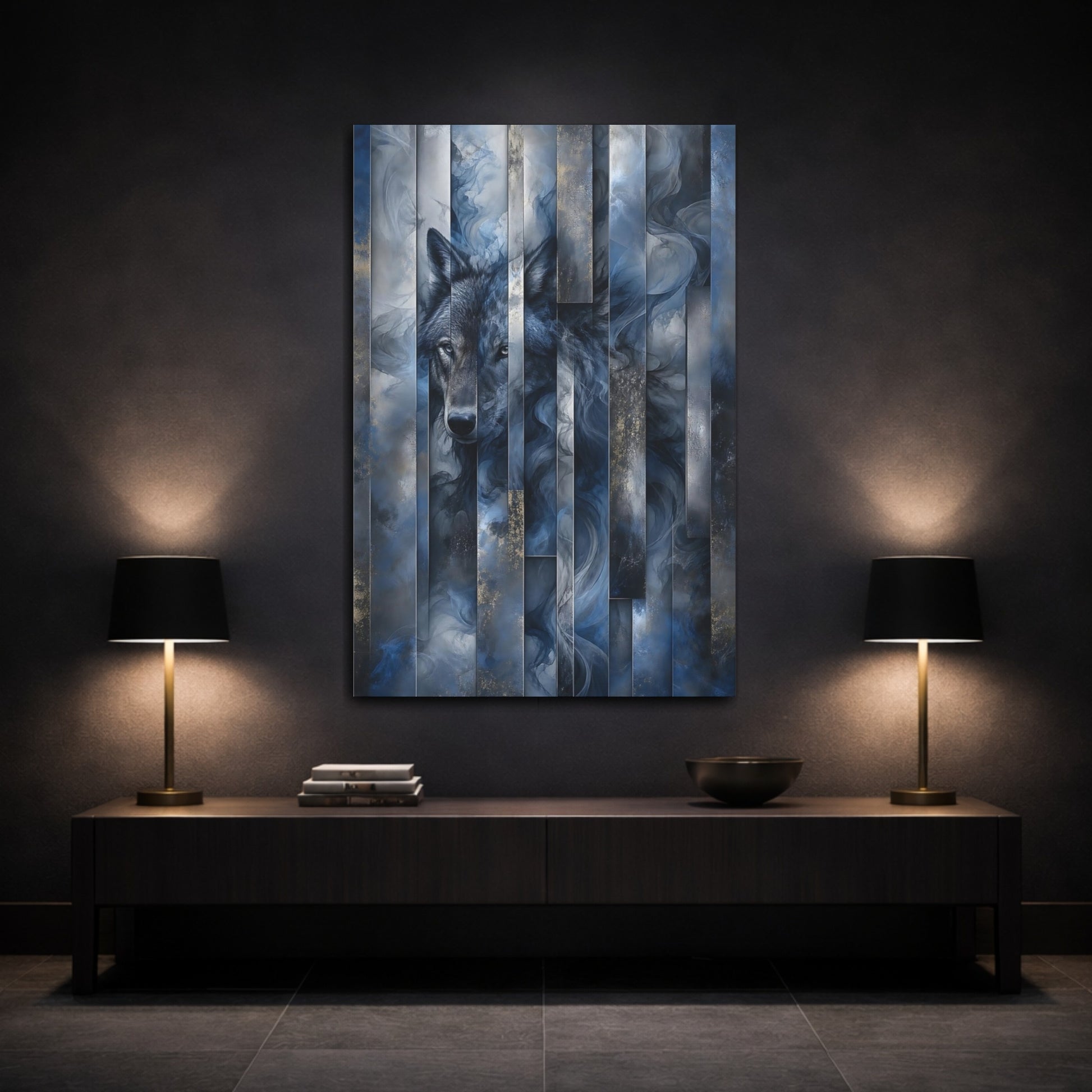 Mockup 3. Animals Wolf Blue And Gold Wolf shown as stretched canvas wall art