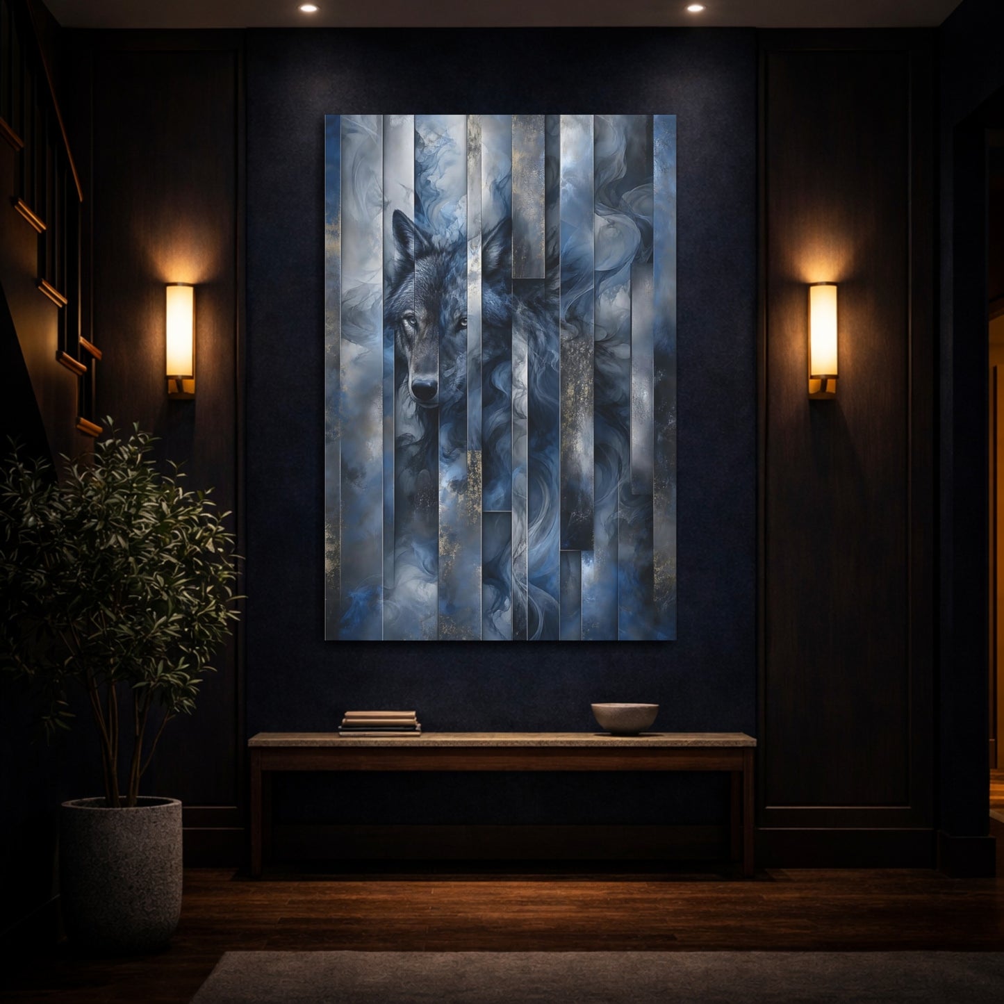 Mockup 4. Animals Wolf Blue And Gold Wolf shown as stretched canvas wall art