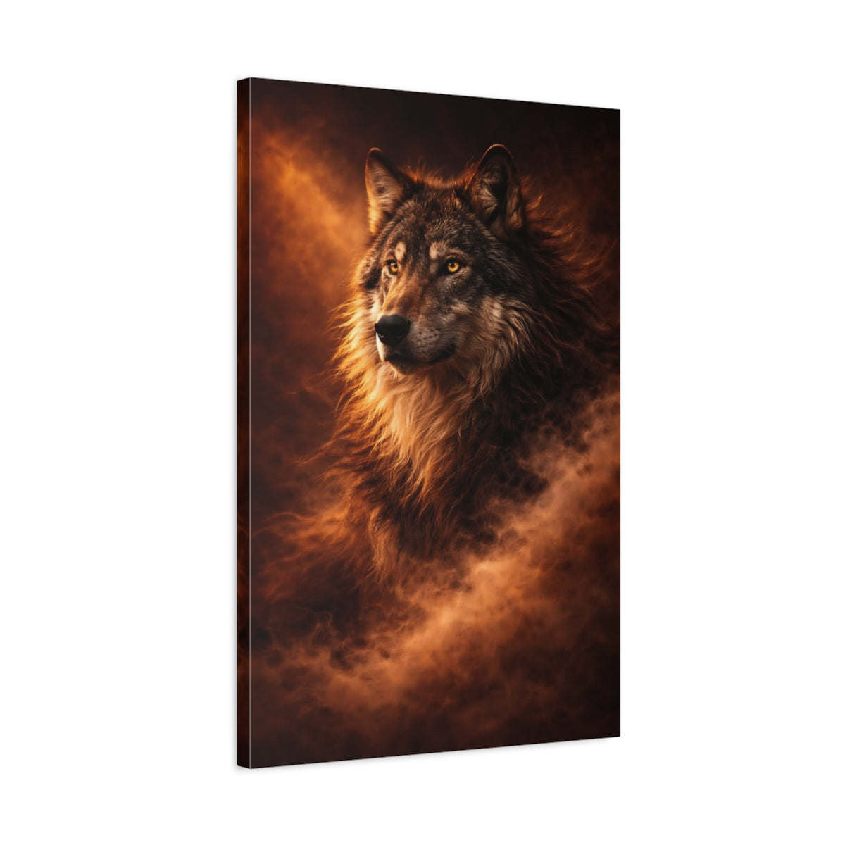Side Mockup 2. Animals Wolf Brown And Orange shown as stretched canvas wall art
