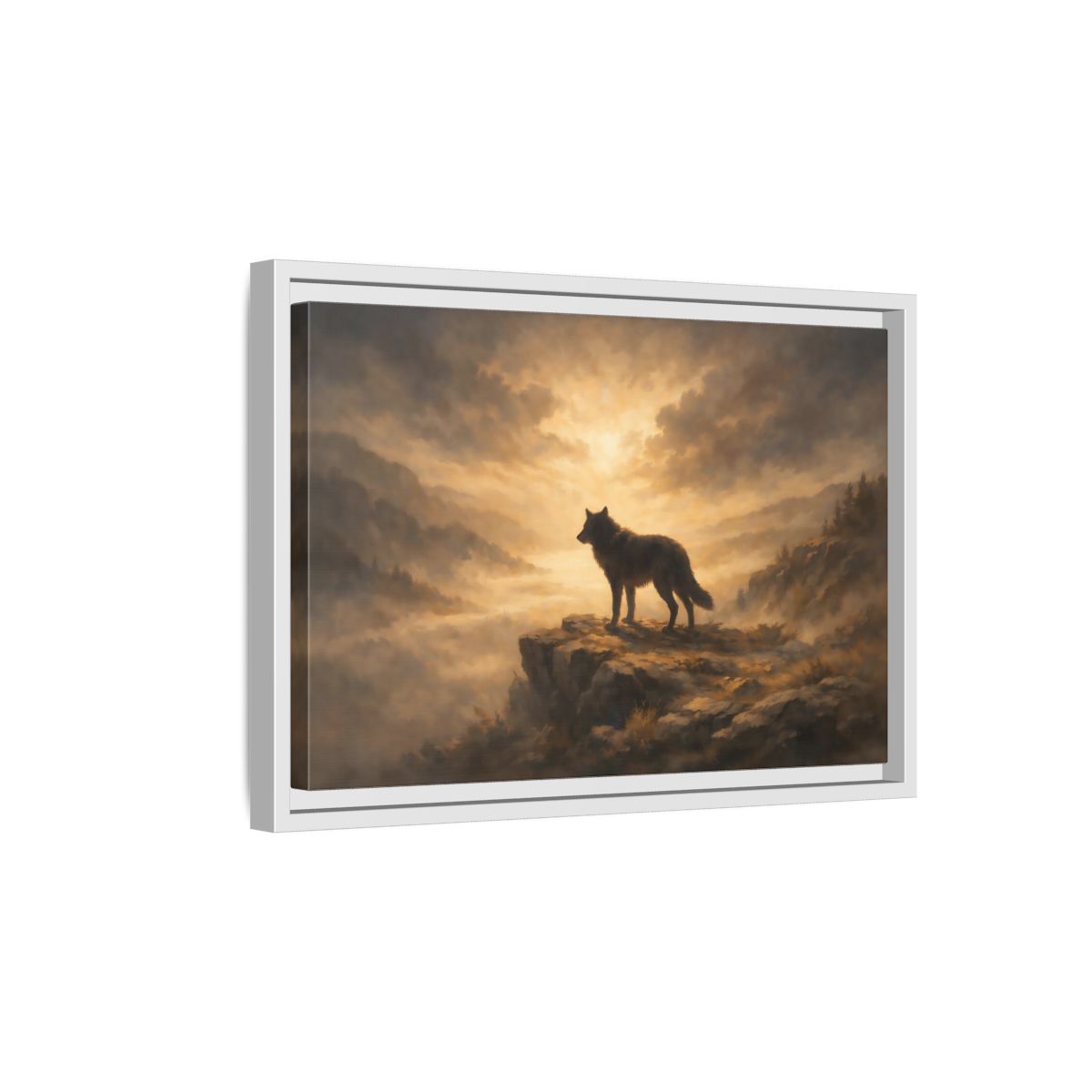 Side Mockup 4. Animals Wolf Brown And Gold shown as stretched canvas wall art