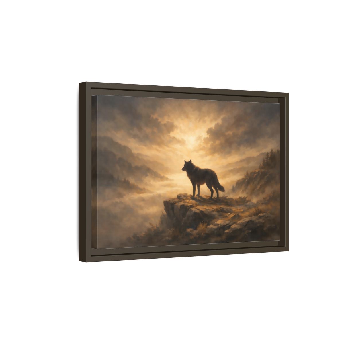 Side Mockup 5. Animals Wolf Brown And Gold shown as stretched canvas wall art