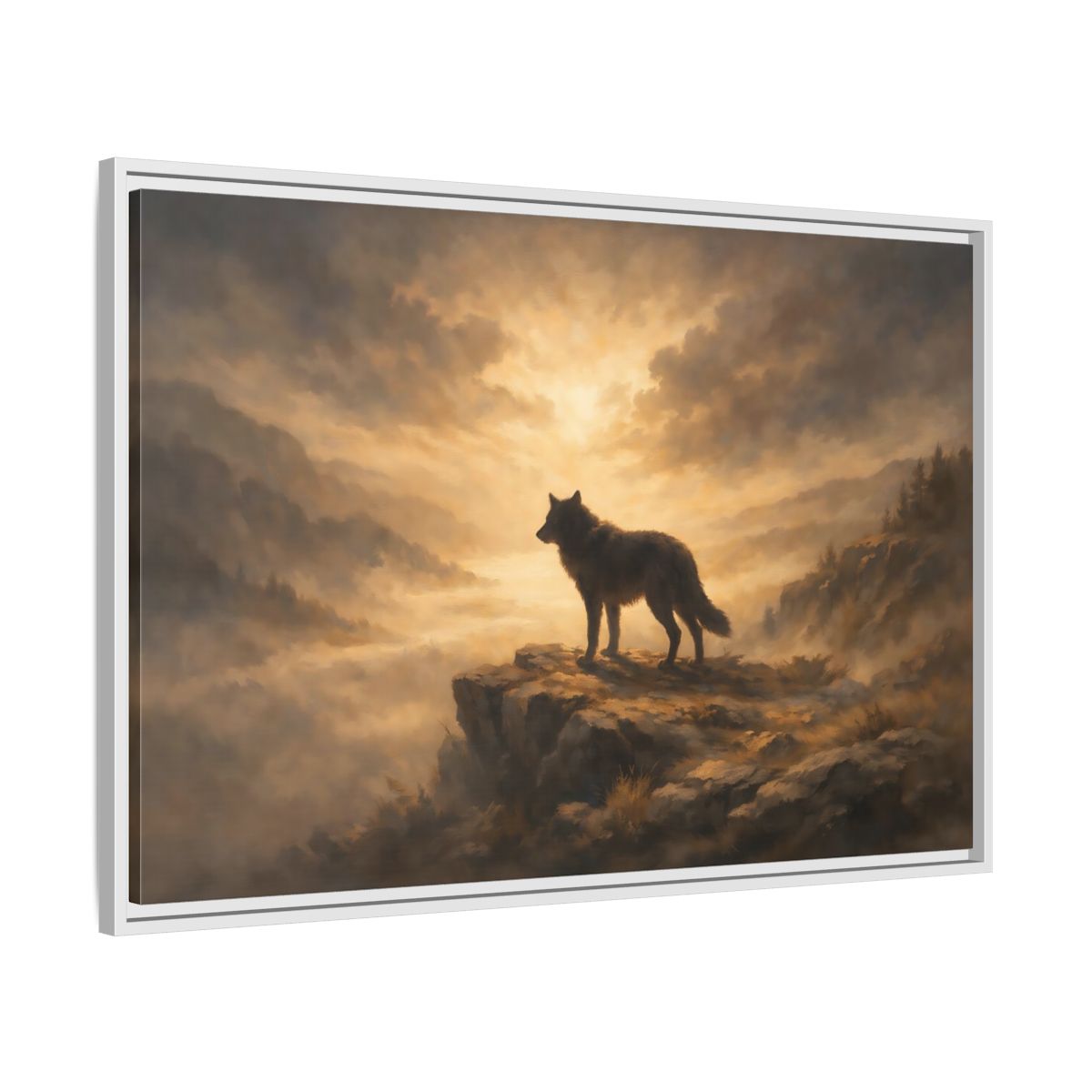 Side Mockup 8. Animals Wolf Brown And Gold shown as stretched canvas wall art