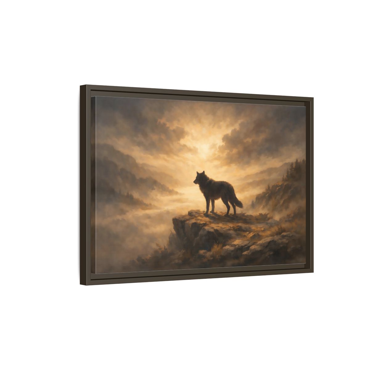 Side Mockup 2. Animals Wolf Brown And Gold shown as stretched canvas wall art