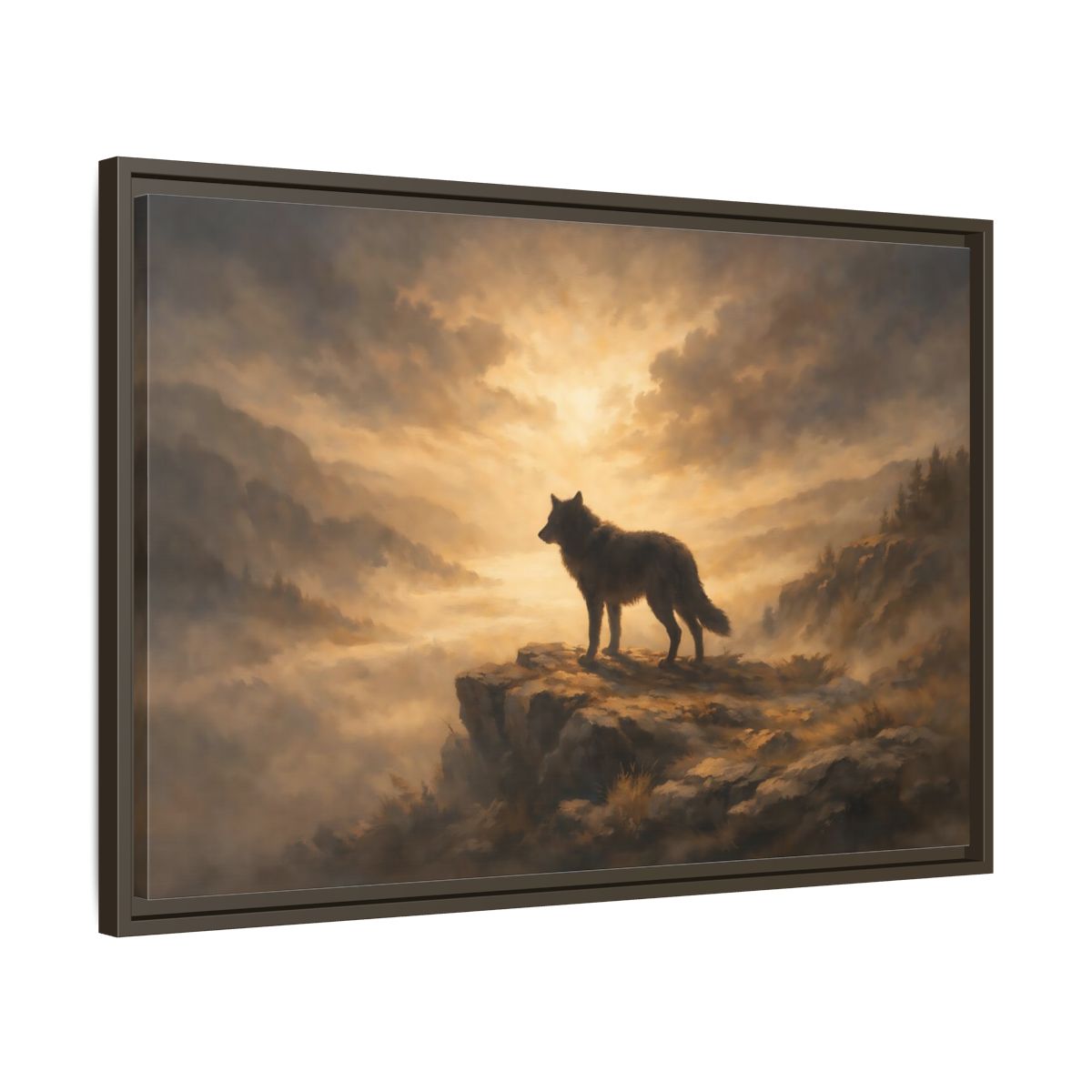 Side Mockup 11. Animals Wolf Brown And Gold shown as stretched canvas wall art