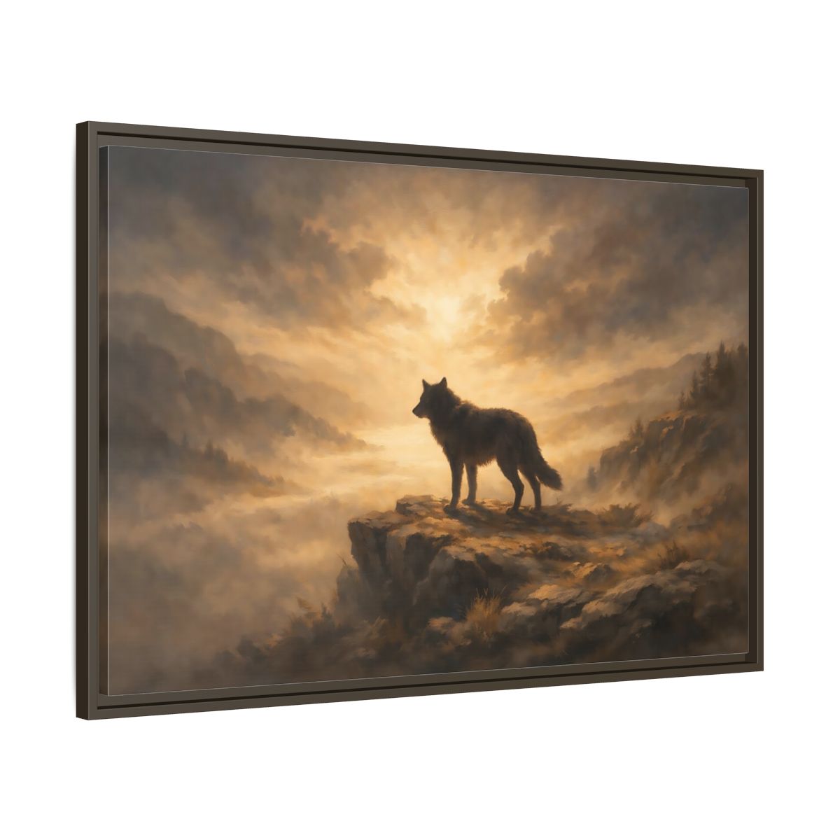 Side Mockup 9. Animals Wolf Brown And Gold shown as stretched canvas wall art