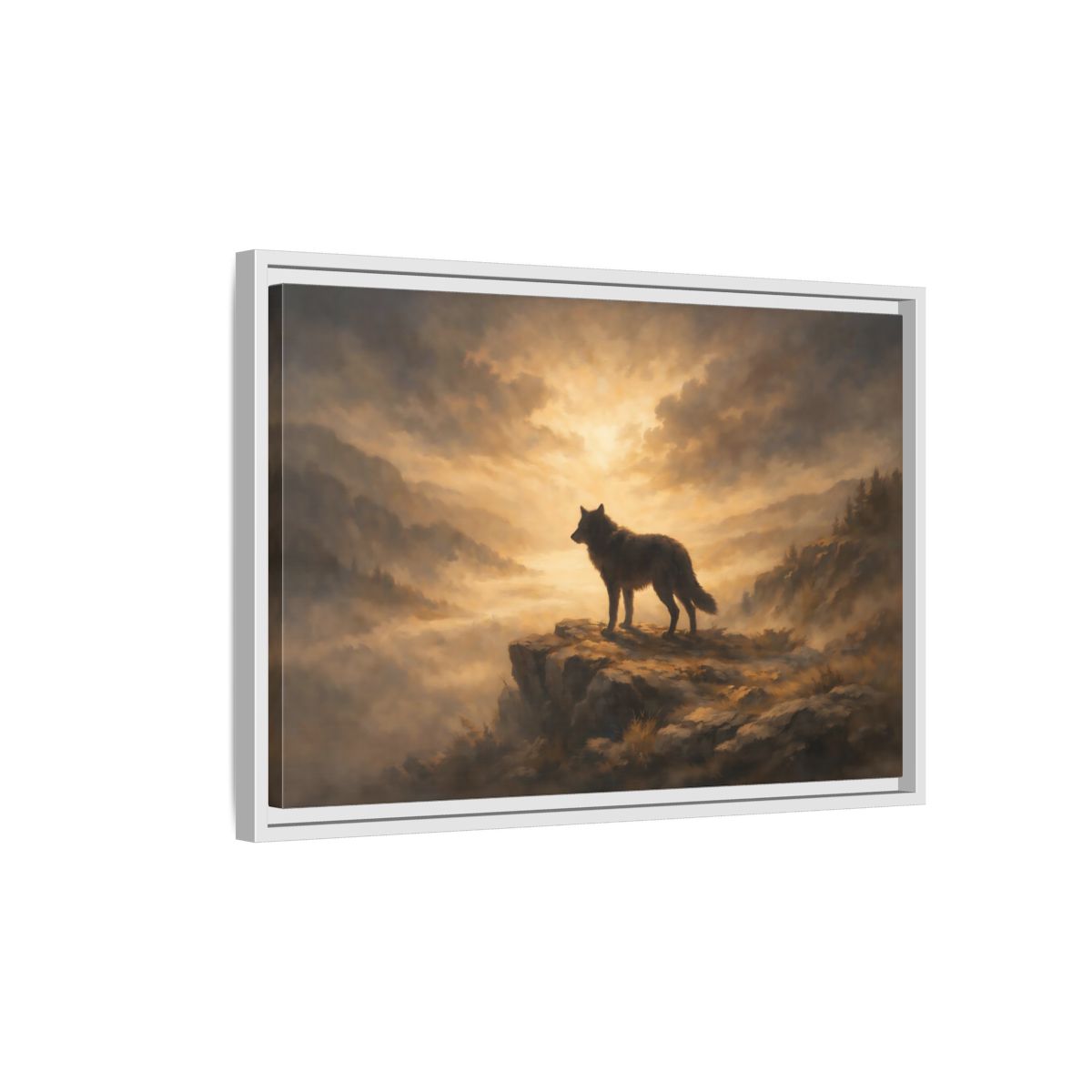 Side Mockup 1. Animals Wolf Brown And Gold shown as stretched canvas wall art