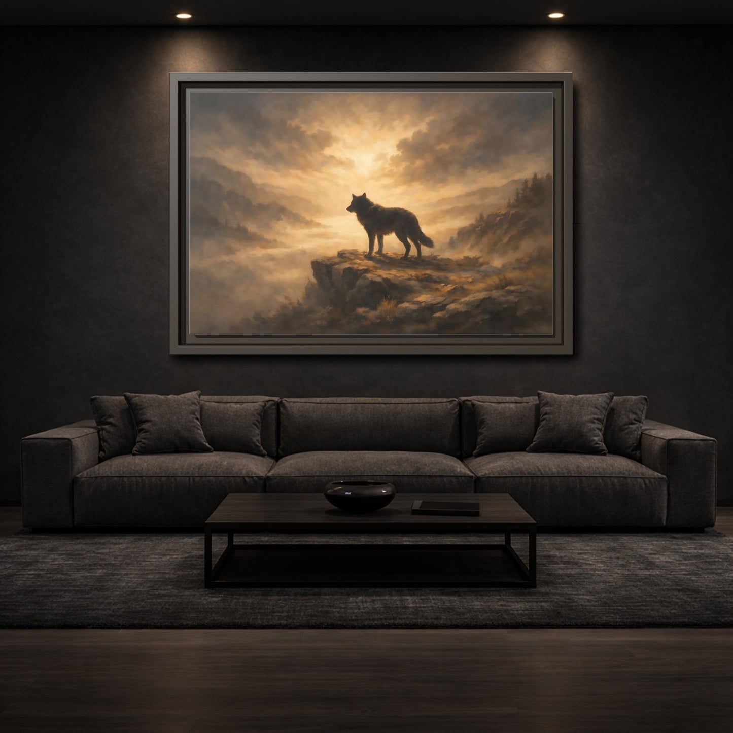Mockup 2. Animals Wolf Brown And Gold shown as stretched canvas wall art